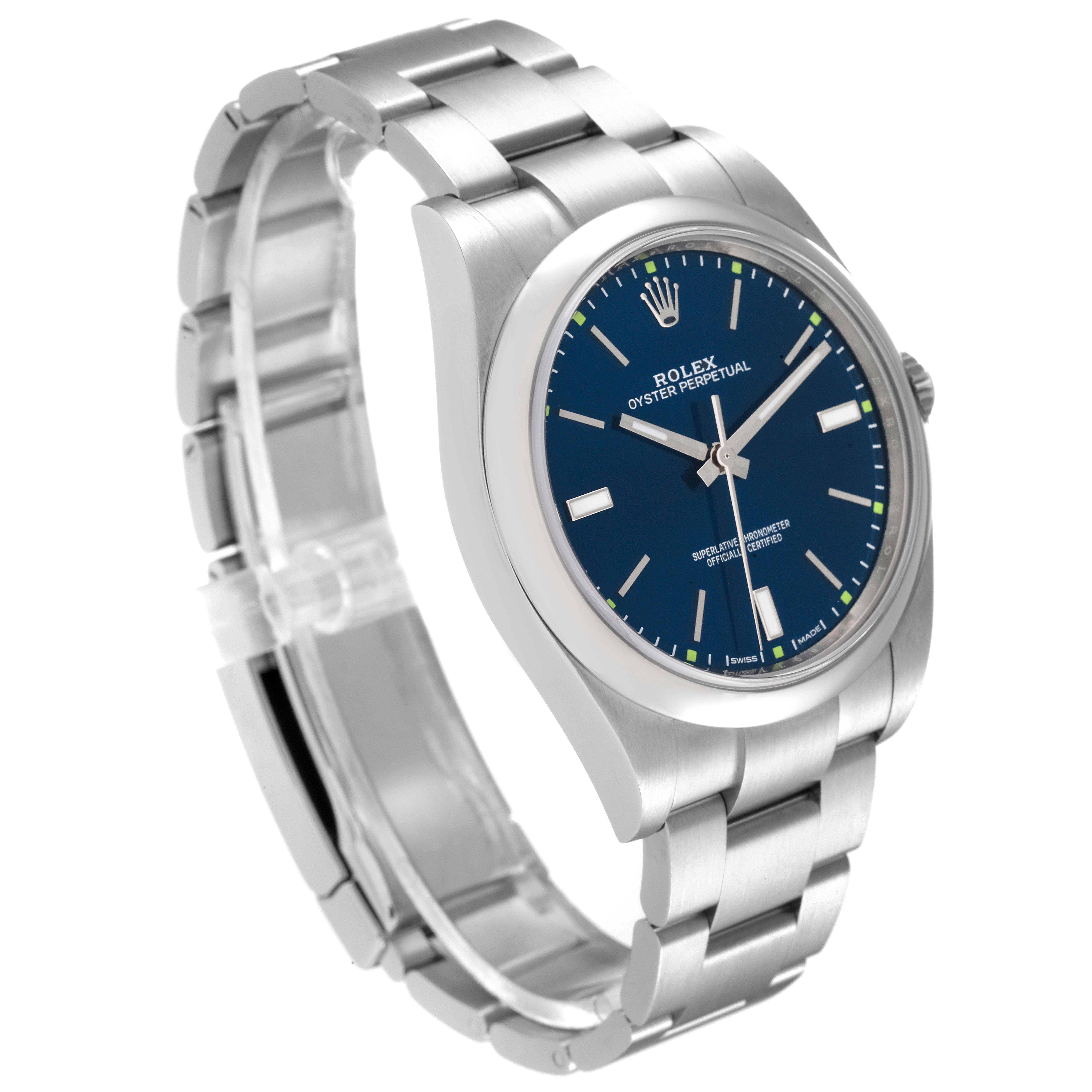 The image shows a Rolex Oyster Perpetual 114300 Men
s Stainless Steel Blue Dial 114300 Men
s Stainless Steel Blue Dial watch from a left-angle view, highlighting the bracelet, case, and blue dial.