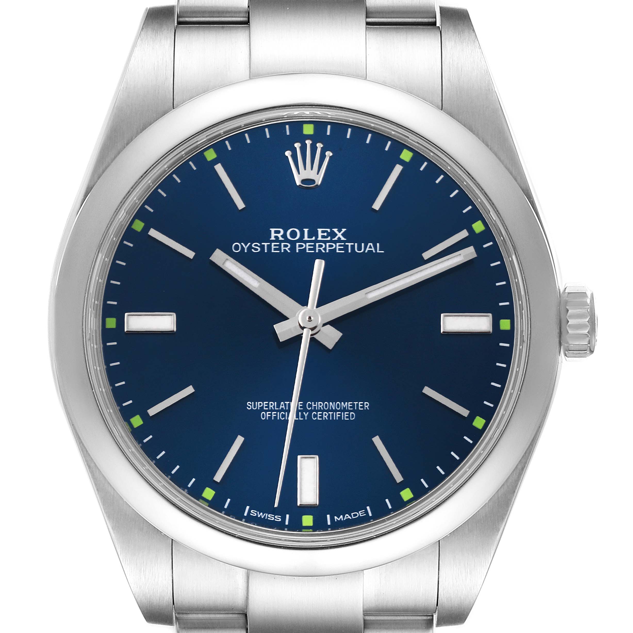 This image shows a frontal view of a Rolex Oyster Perpetual 114300 Men
s Stainless Steel Blue Dial 114300 Men
s Stainless Steel Blue Dial watch, highlighting its blue dial, hour markers, and stainless steel case and bracelet.