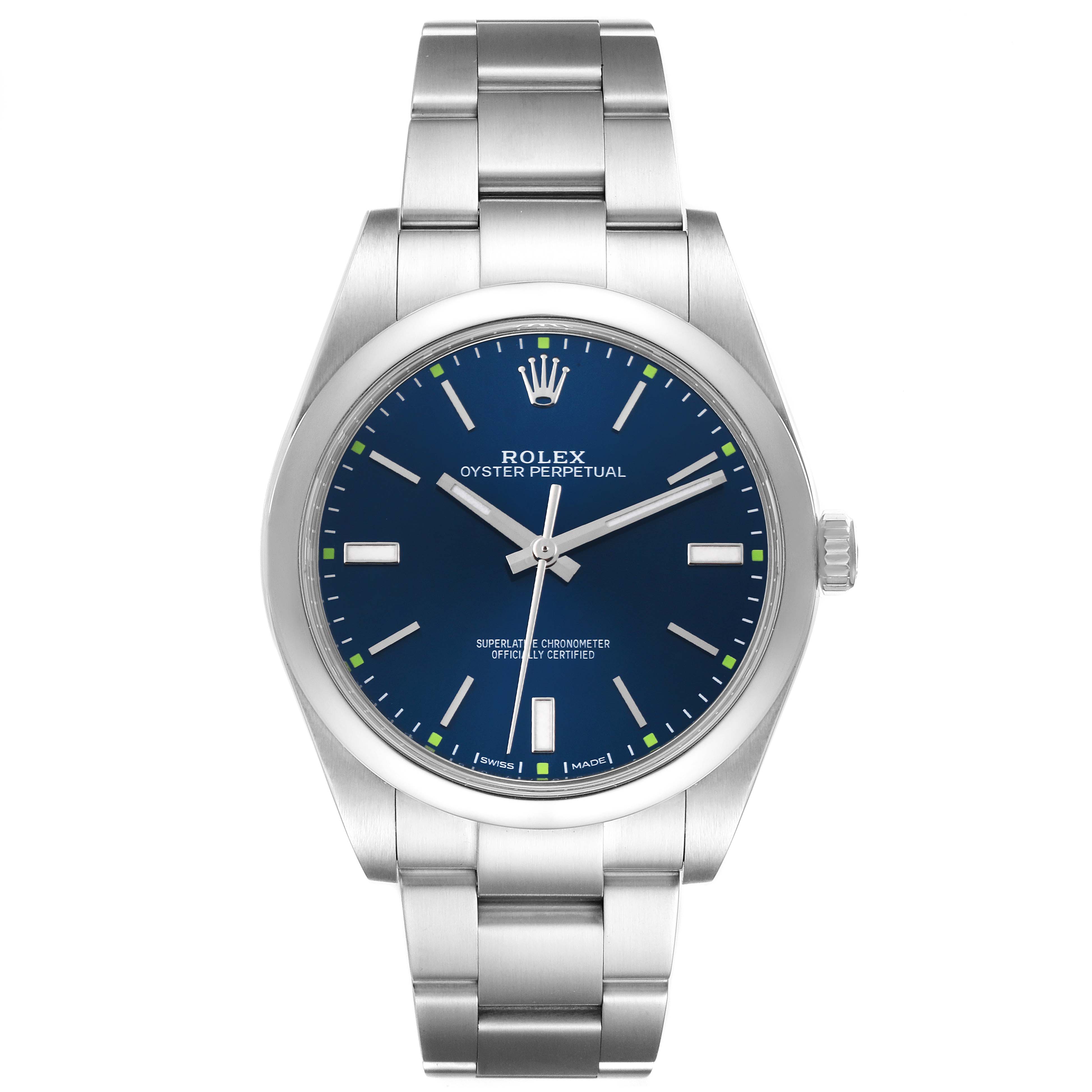 This is a front view of a Rolex Oyster Perpetual 114300 Men
s Stainless Steel Blue Dial 114300 Men
s Stainless Steel Blue Dial watch, showing the dial, hands, and stainless steel bracelet.