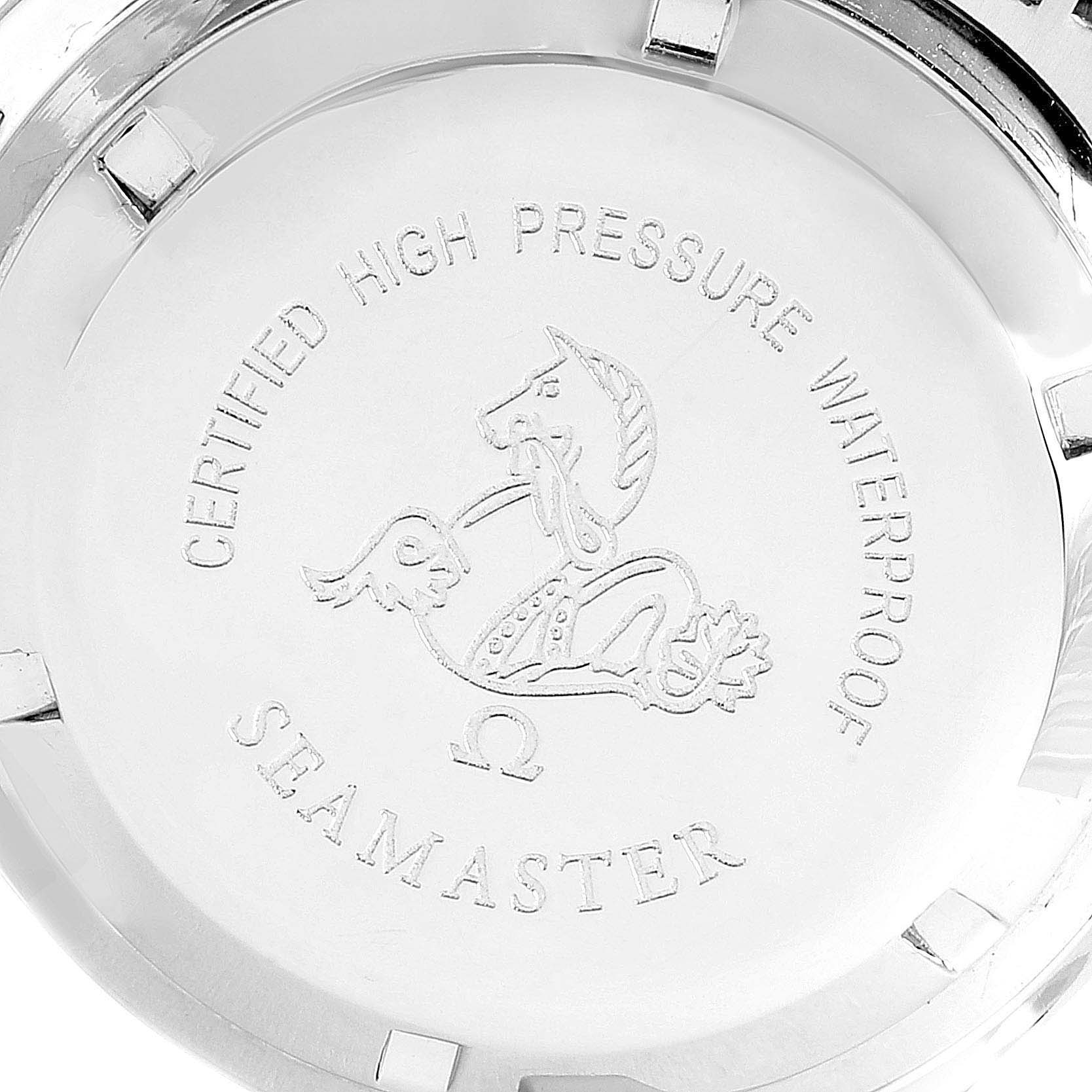 The image shows the back case of an Omega Seamaster 166.034 Men
s Stainless Steel Black Dial 166.034 Men
s Stainless Steel Black Dial watch with an engraved logo and text.