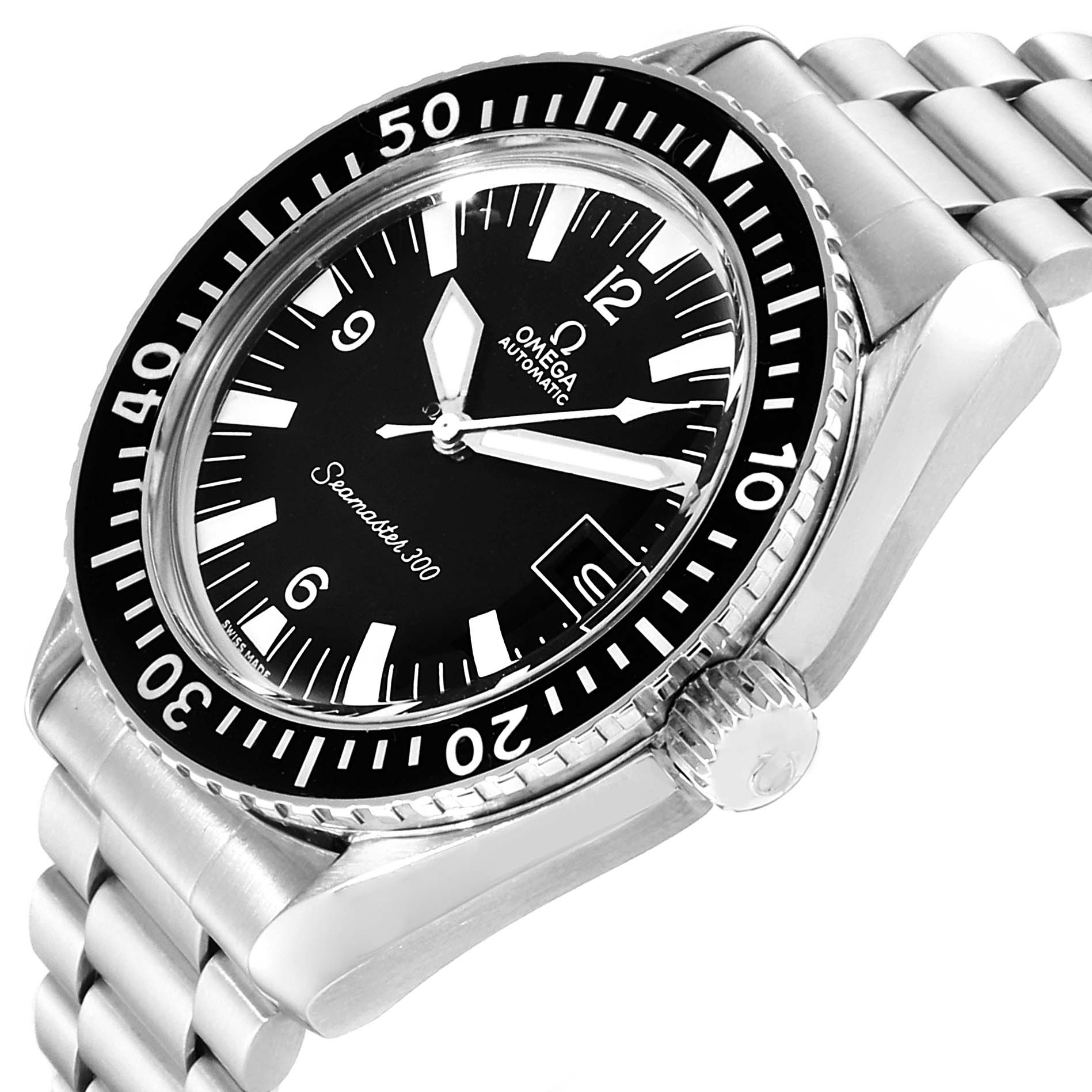 This image shows a side angle of the Omega Seamaster 166.034 Men
s Stainless Steel Black Dial 166.034 Men
s Stainless Steel Black Dial 300, displaying the case, bracelet, dial, bezel, and crown.