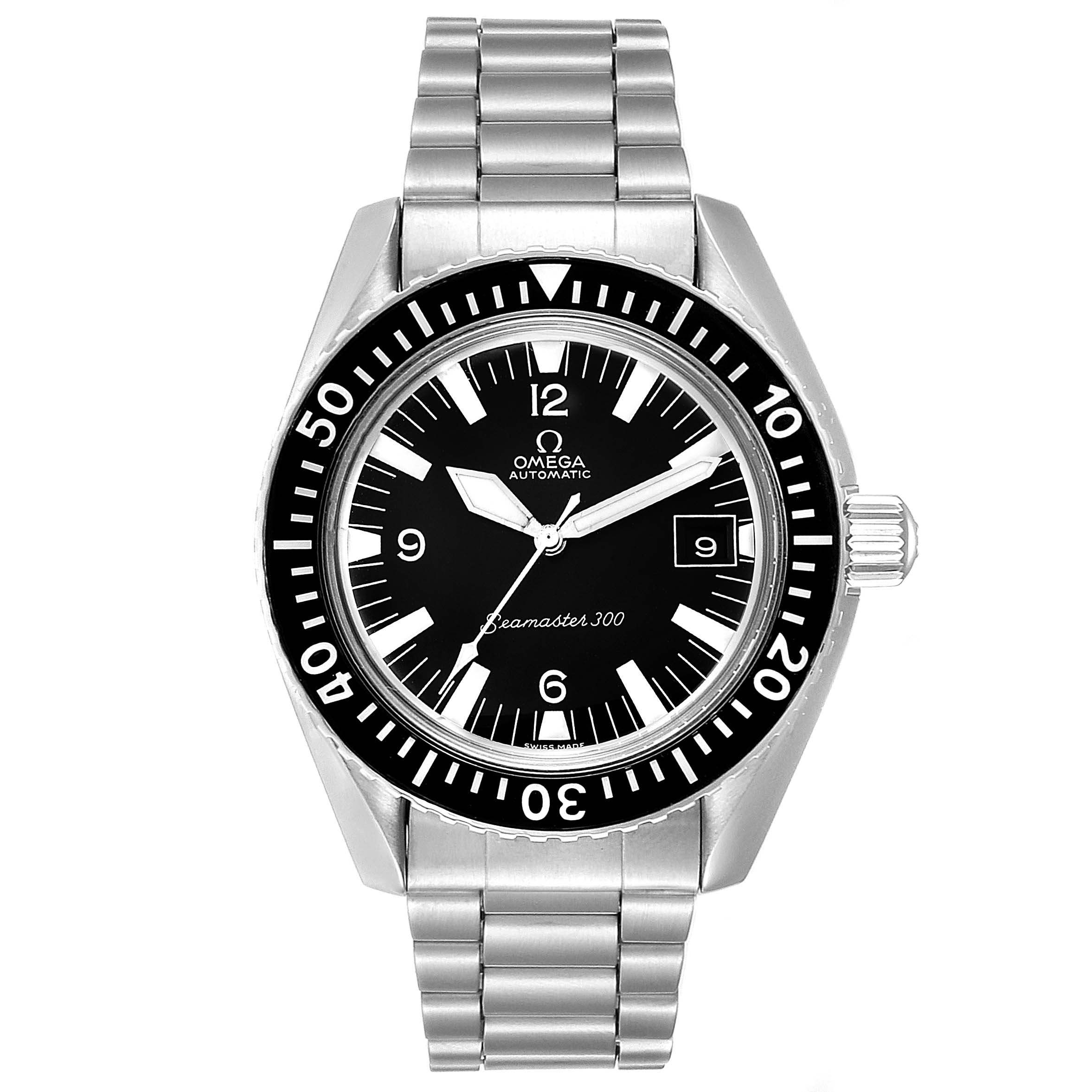 The Omega Seamaster 166.034 Men
s Stainless Steel Black Dial 166.034 Men
s Stainless Steel Black Dial watch is shown from the front, highlighting its face, bezel, and stainless steel bracelet.