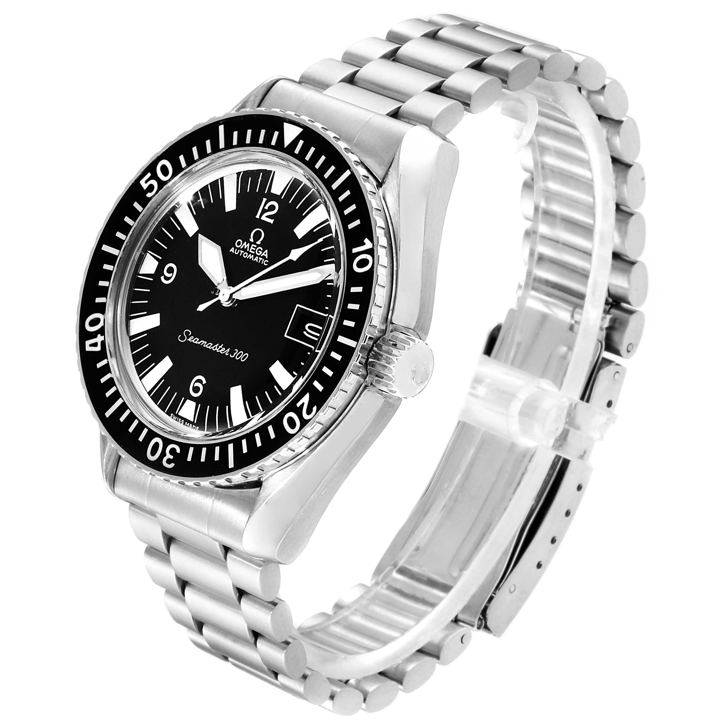 The image shows an Omega Seamaster 166.034 Men
s Stainless Steel Black Dial 166.034 Men
s Stainless Steel Black Dial watch at a three-quarter angle, displaying the dial, bezel, bracelet, case, and crown.