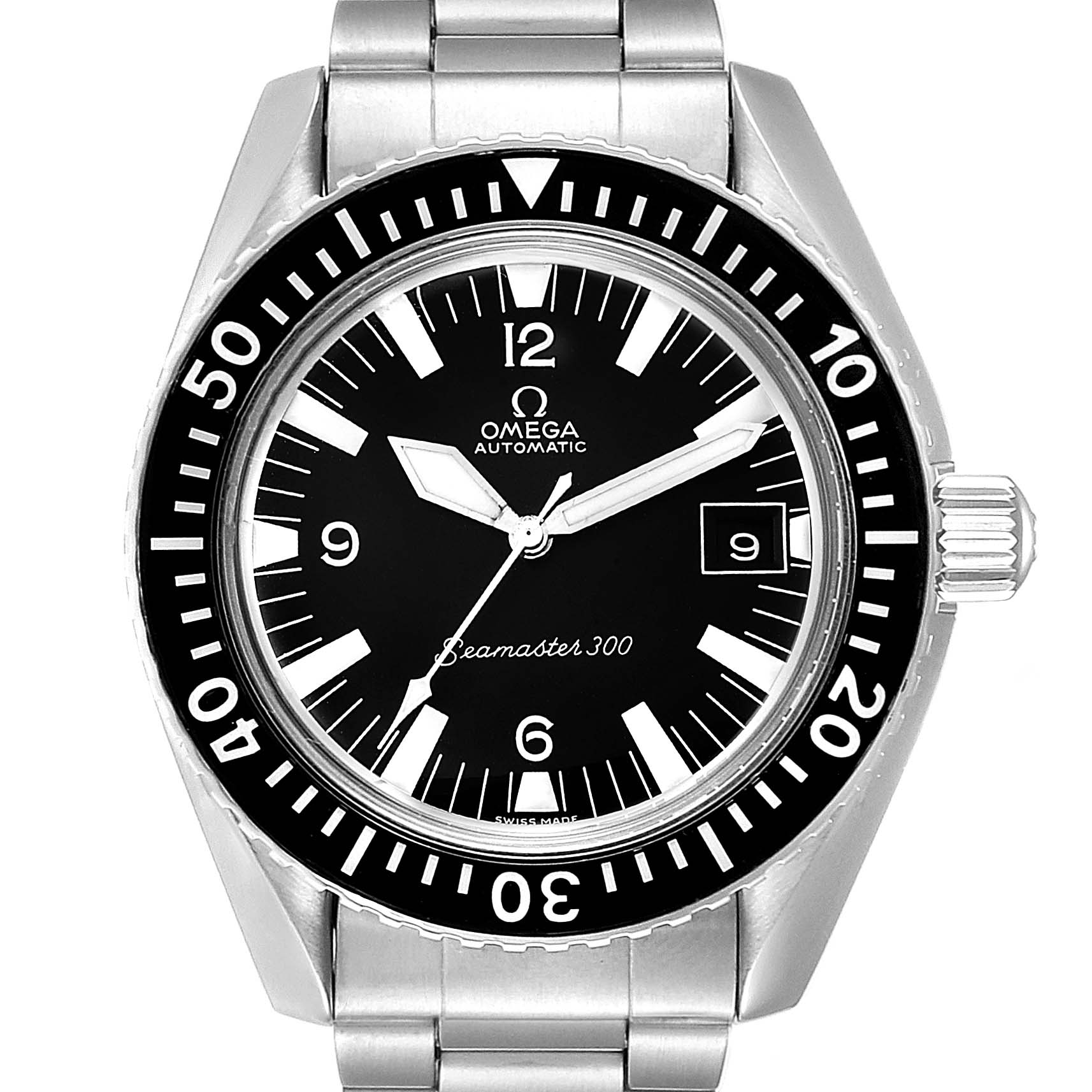 The image shows a front view of the Omega Seamaster 166.034 Men
s Stainless Steel Black Dial 166.034 Men
s Stainless Steel Black Dial 300 watch, highlighting the bezel, dial, hands, and date window.