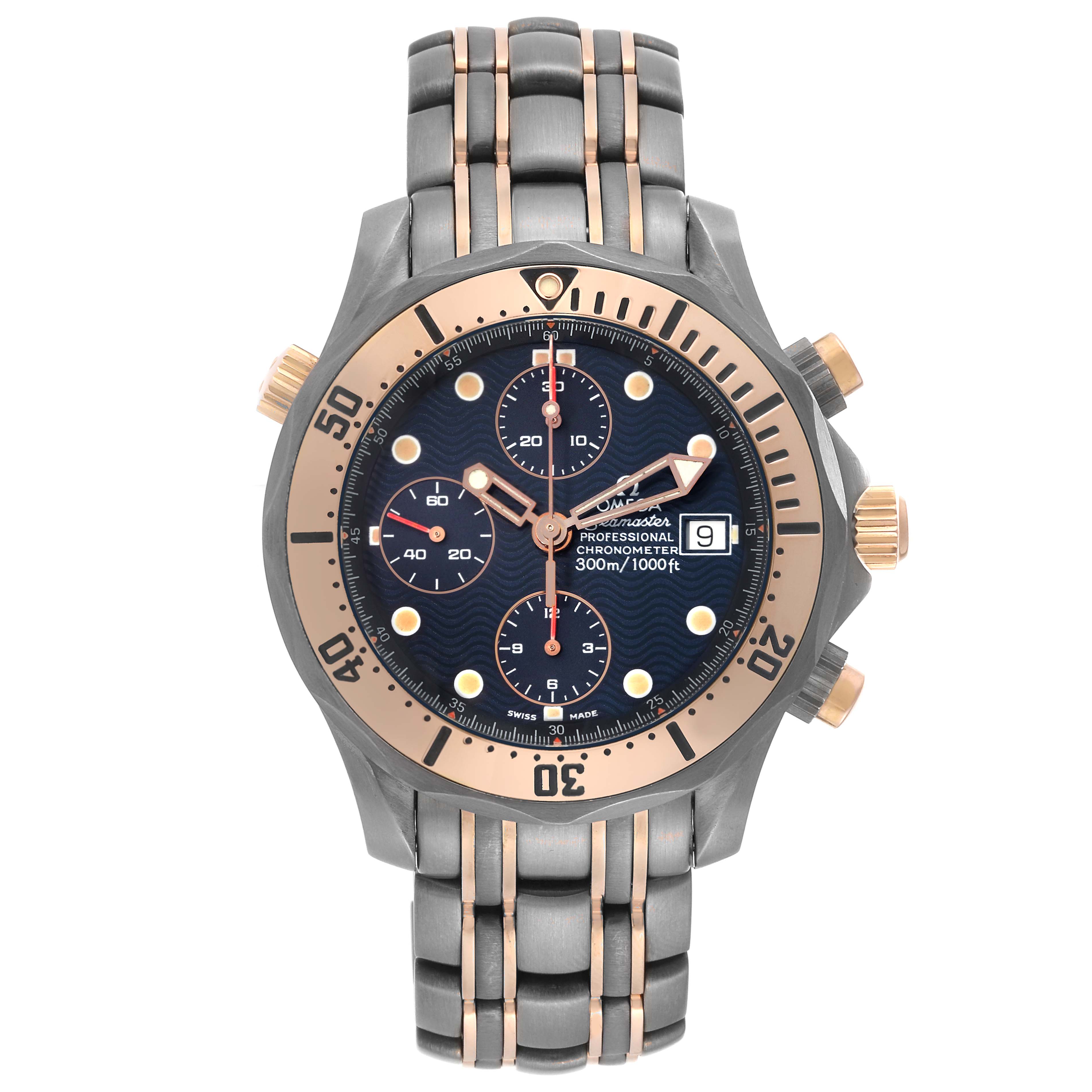 The Omega Seamaster 2296.80.00 Men
s Titanium Blue Dial 2296.80.00 Men
s Titanium Blue Dial watch is shown from a straight-on angle, highlighting the face, bezel, and bracelet.