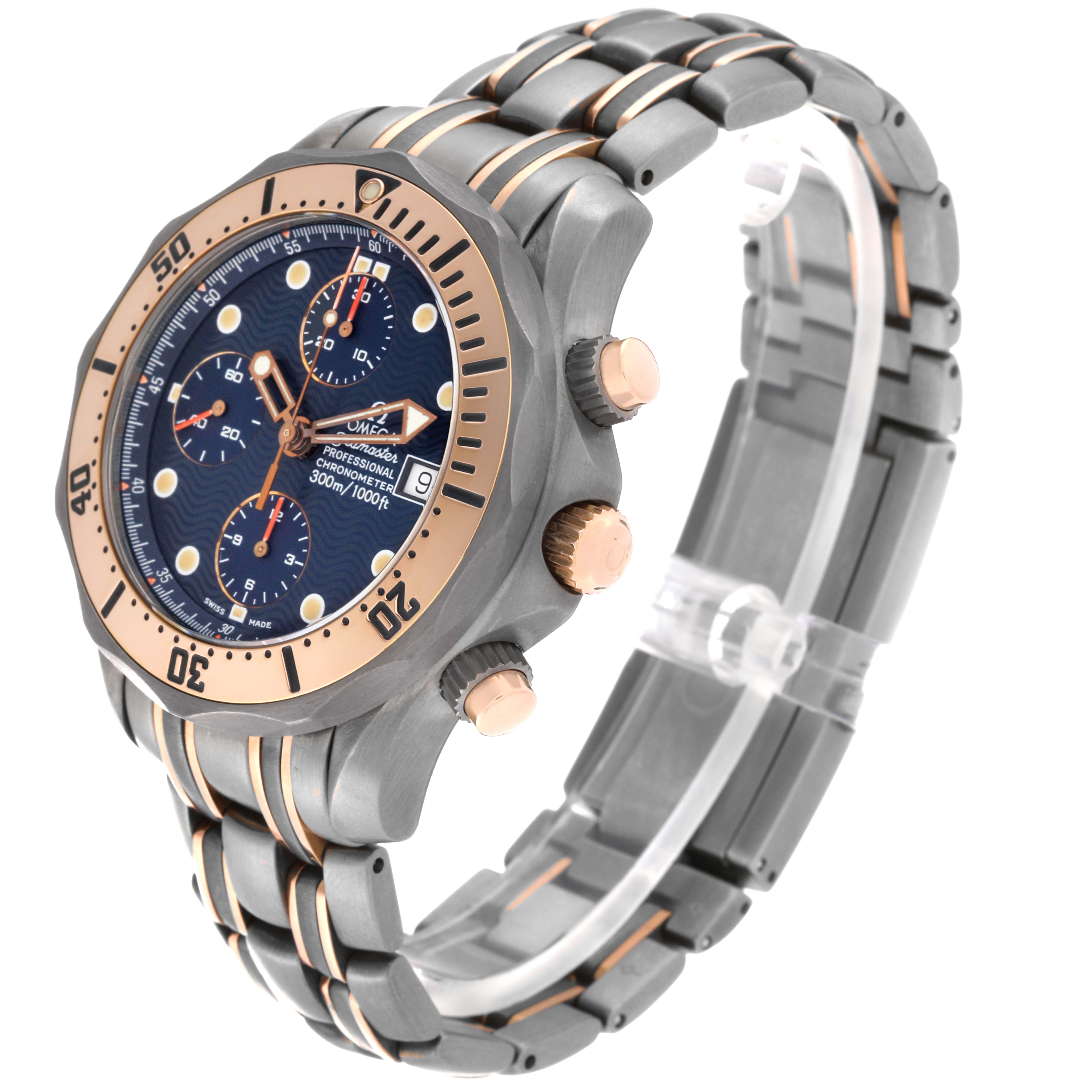 The image shows a side angle of the Omega Seamaster 2296.80.00 Men
s Titanium Blue Dial 2296.80.00 Men
s Titanium Blue Dial watch, highlighting its face, bezel, side buttons, and bracelet.