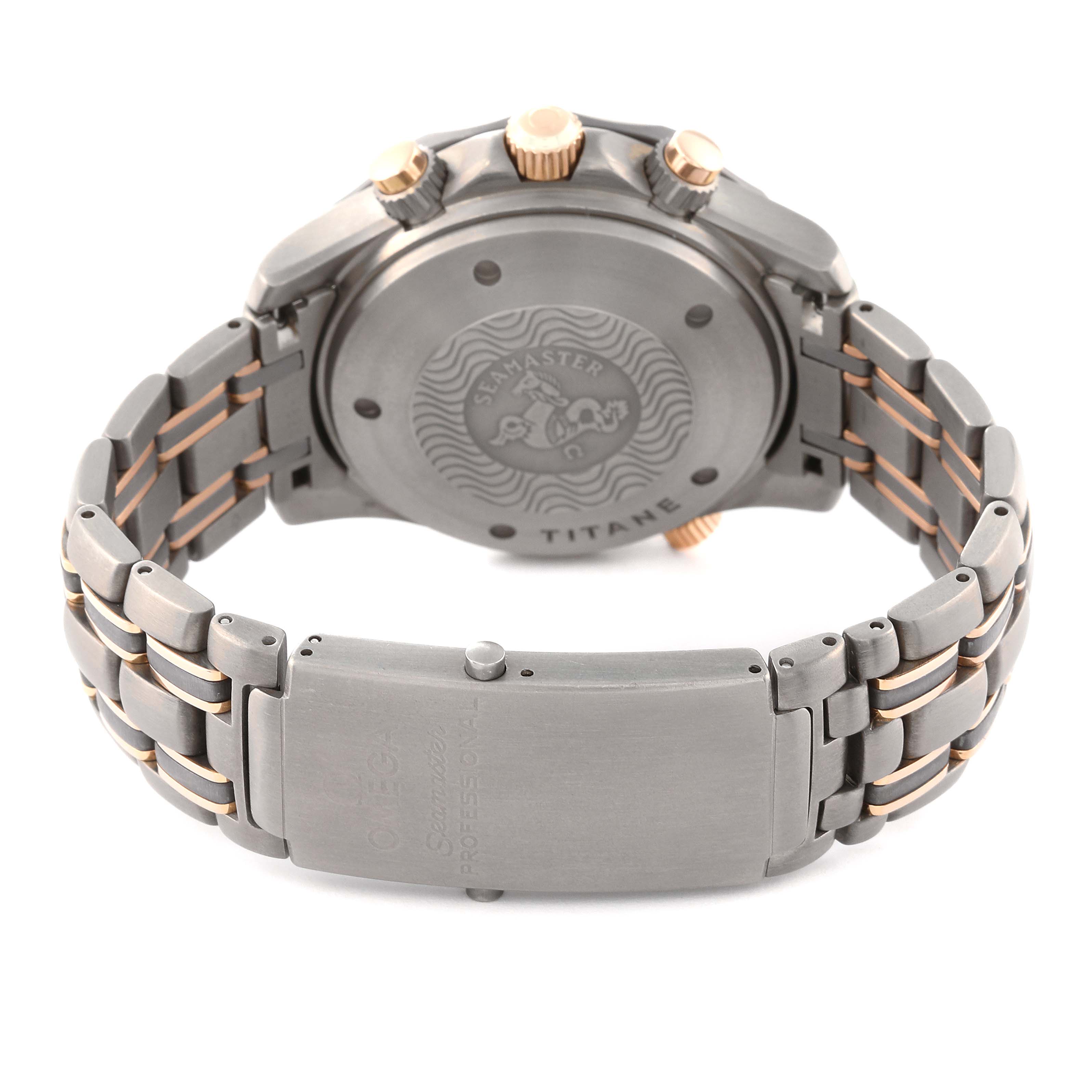 The image shows the back and clasp of an Omega Seamaster 2296.80.00 Men
s Titanium Blue Dial 2296.80.00 Men
s Titanium Blue Dial watch, highlighting the case back and bracelet details.