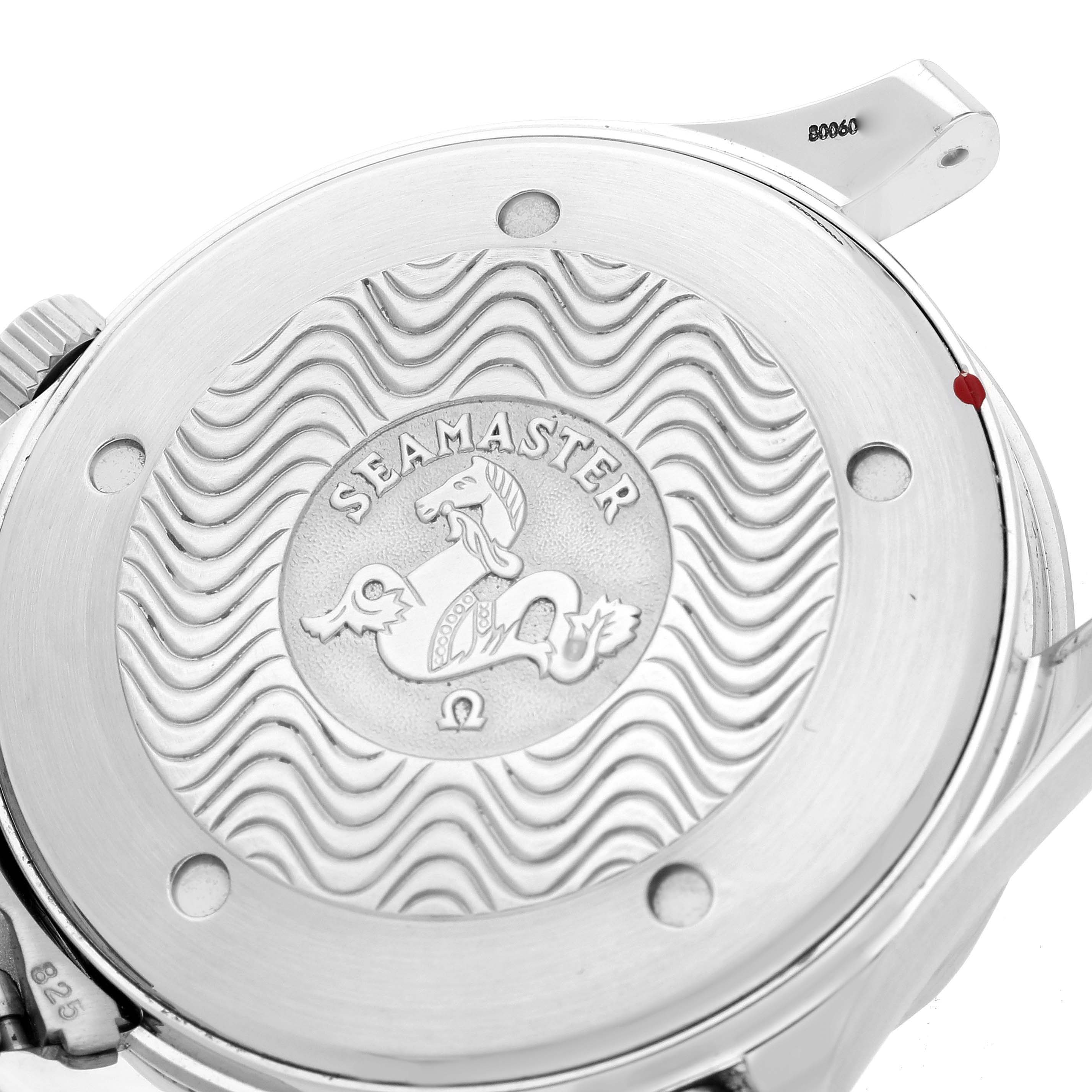 The image shows the back case of an Omega Seamaster 2531.80.00 Men
s Stainless Steel Blue Dial 2531.80.00 Men
s Stainless Steel Blue Dial watch, featuring its engraved logo and wavy design pattern.