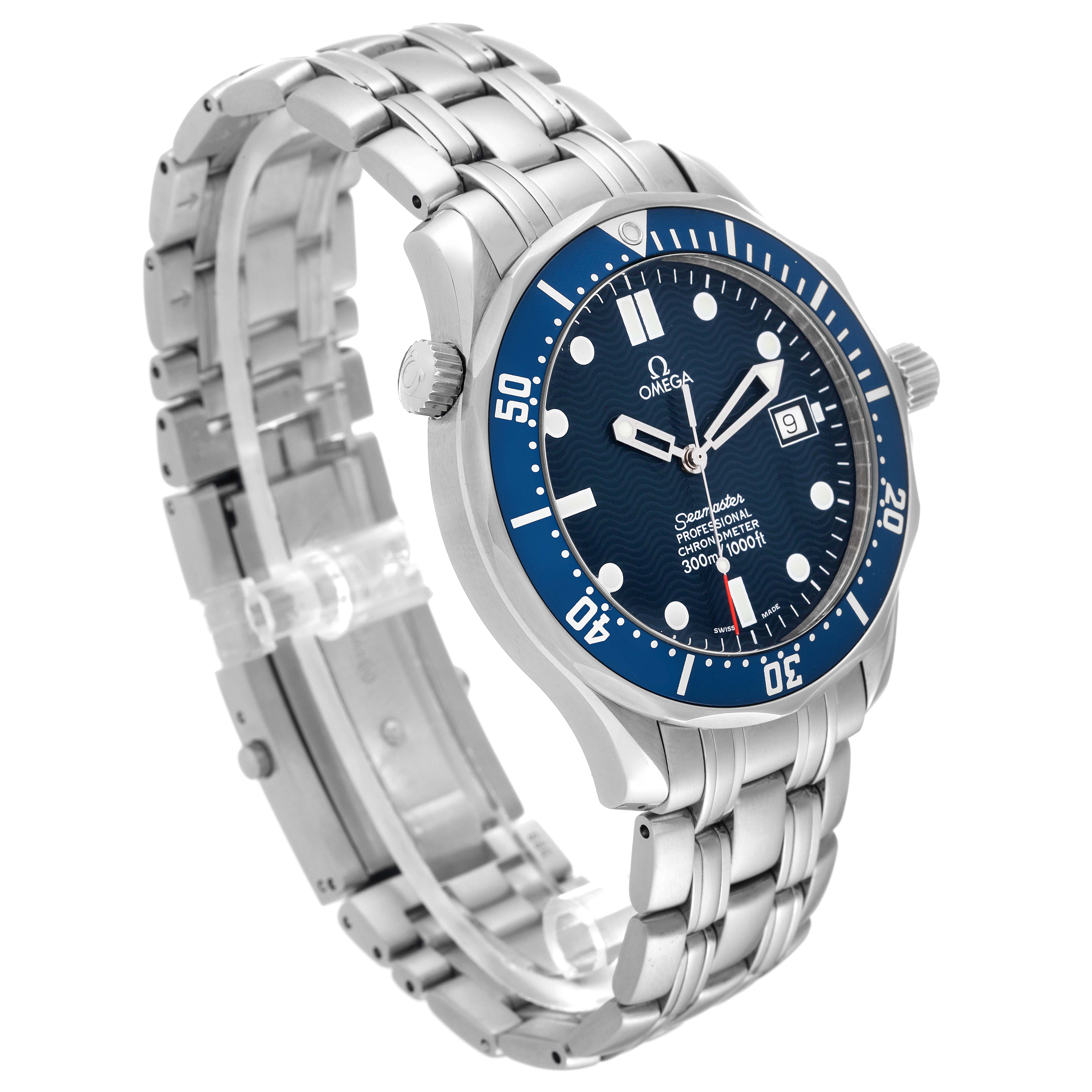 This Omega Seamaster 2531.80.00 Men
s Stainless Steel Blue Dial 2531.80.00 Men
s Stainless Steel Blue Dial watch is shown at an angle displaying its blue dial, bezel, stainless steel case, and bracelet.