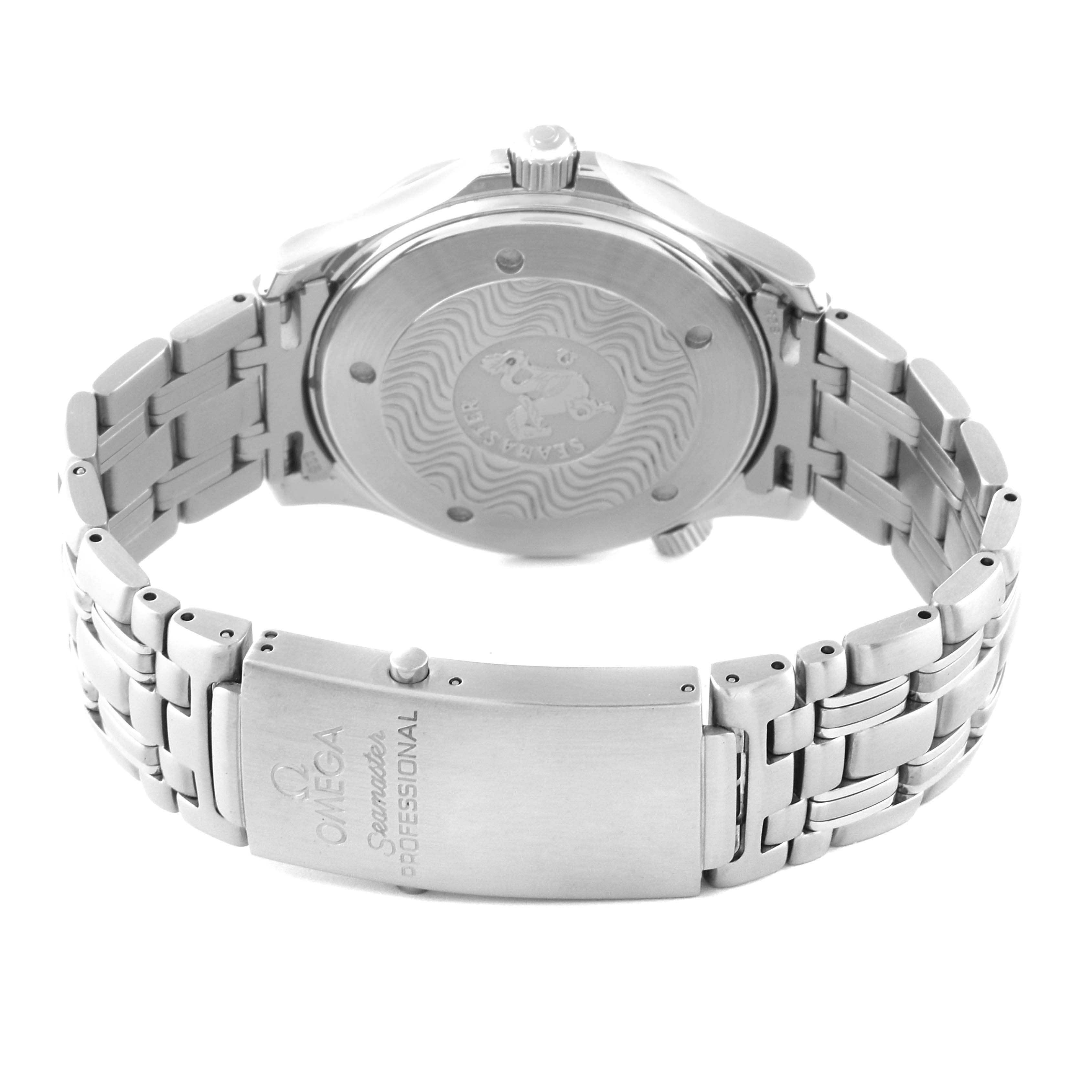 The image shows the back case and bracelet clasp of an Omega Seamaster 2531.80.00 Men
s Stainless Steel Blue Dial 2531.80.00 Men
s Stainless Steel Blue Dial watch from a slightly elevated rear angle.