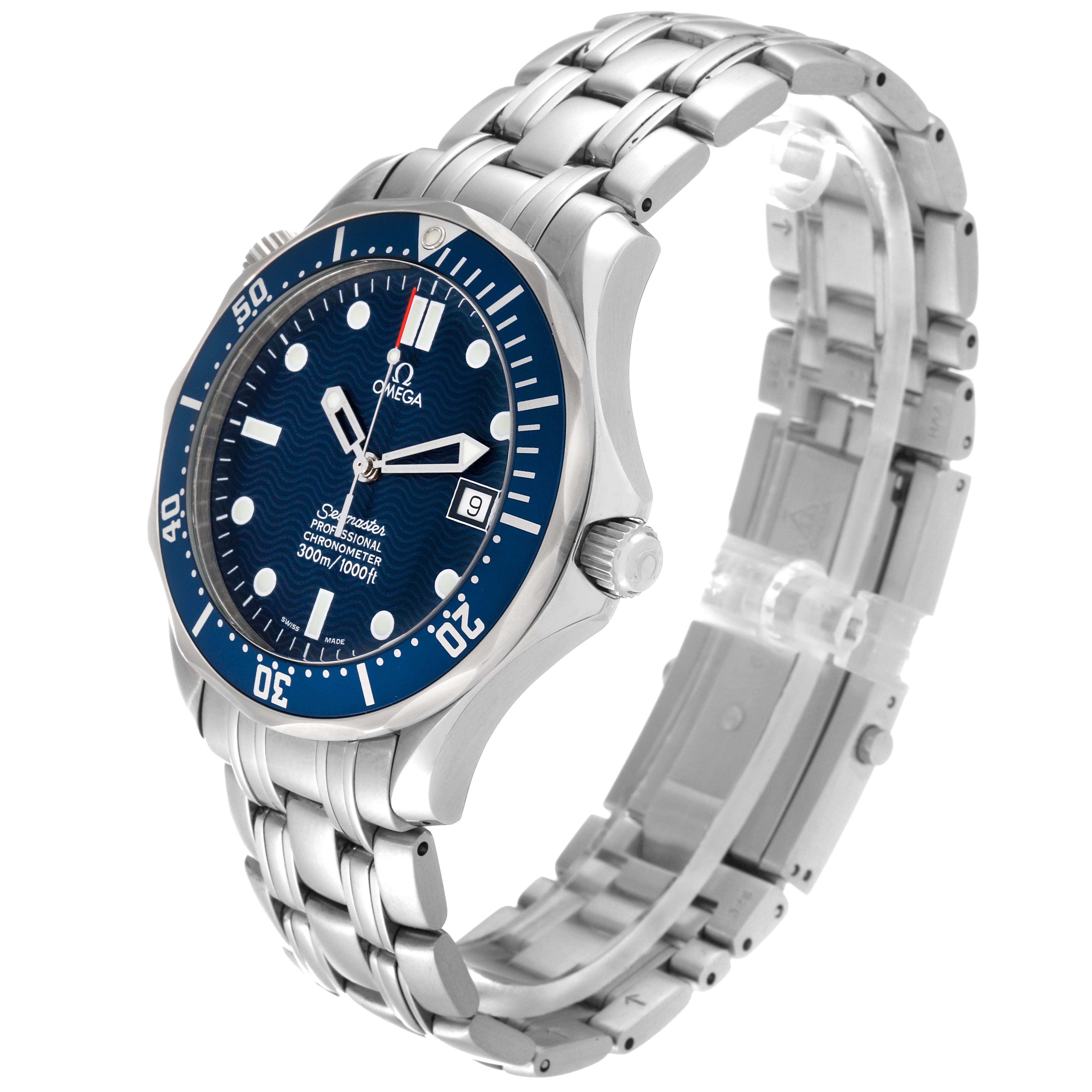 The image shows an Omega Seamaster 2531.80.00 Men
s Stainless Steel Blue Dial 2531.80.00 Men
s Stainless Steel Blue Dial watch at a three-quarter angle, displaying its blue dial, stainless steel band, and crown.