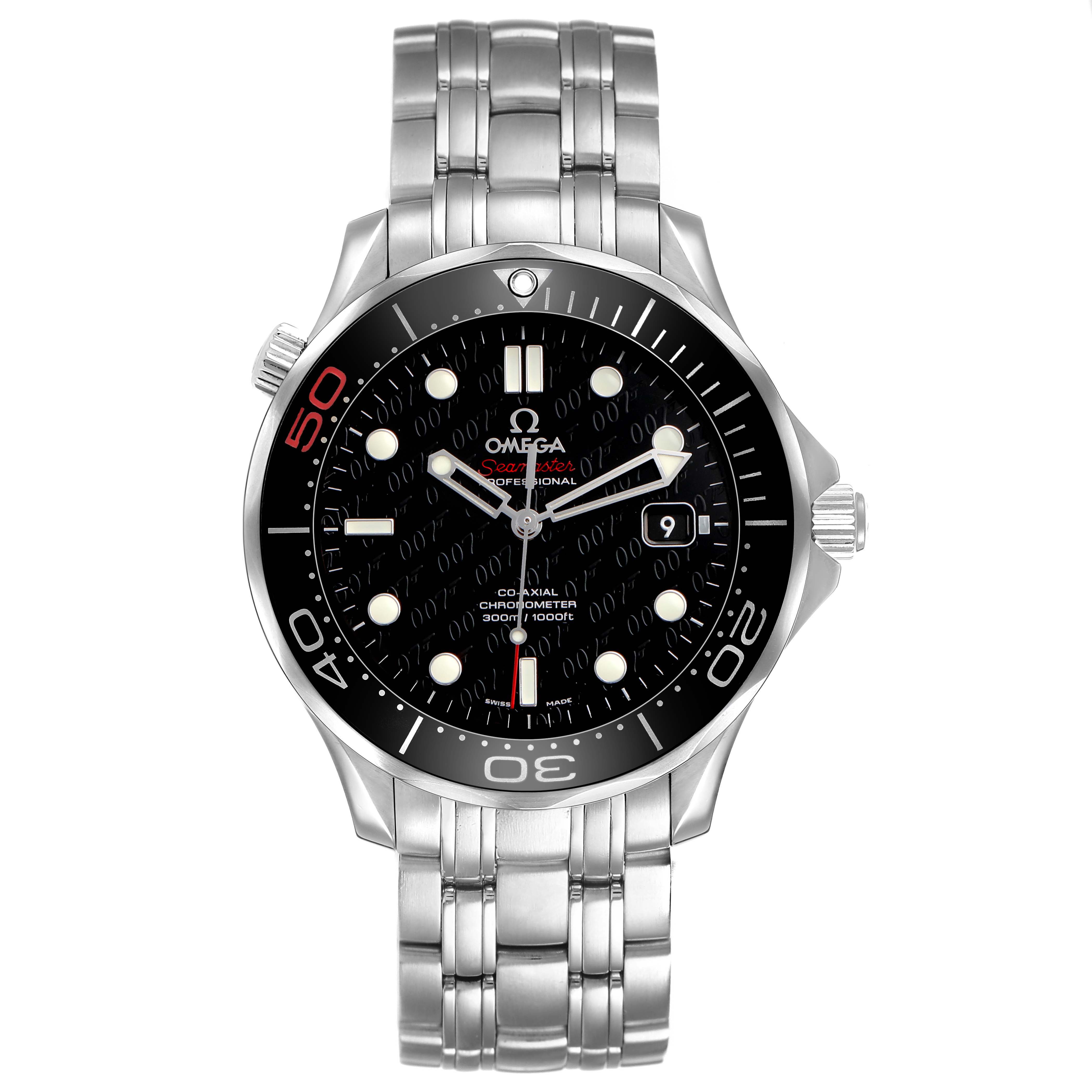 The Omega Seamaster 212.30.41.20.01.005 Men's Stainless Steel Black Dial model is shown from the front, displaying the watch face, bezel, and bracelet.