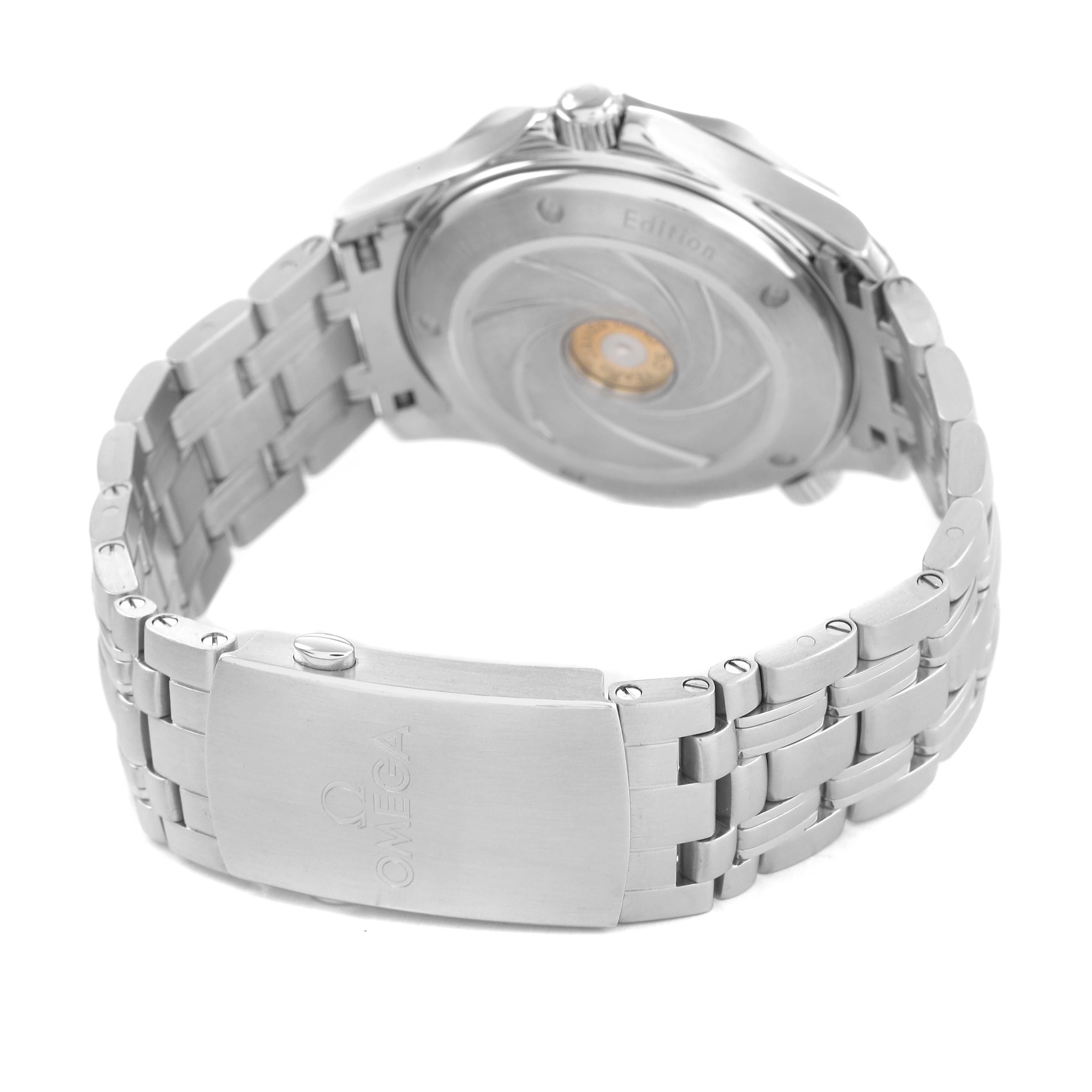 The Omega Seamaster 212.30.41.20.01.005 Men's Stainless Steel Black Dial watch is shown from a rear angle, highlighting the case back and metal bracelet with the Omega logo.