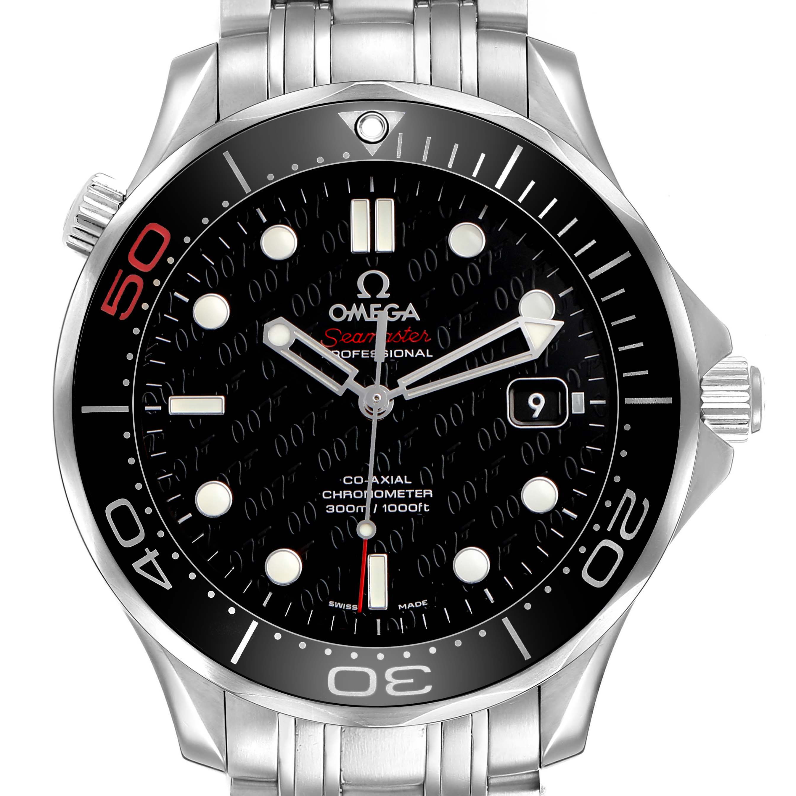 The Omega Seamaster 212.30.41.20.01.005 Men's Stainless Steel Black Dial watch is shown from a front angle, highlighting its dial, bezel, bracelet, and crown.