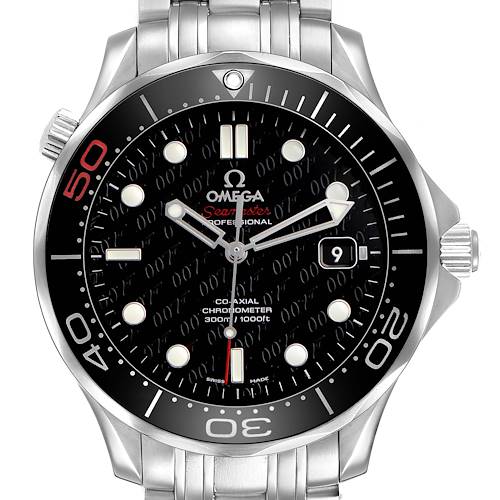 This Omega Seamaster 212.30.41.20.01.005 Men's Stainless Steel Black Dial model is shown from a front angle, highlighting the black dial, bezel, crown, and bracelet.