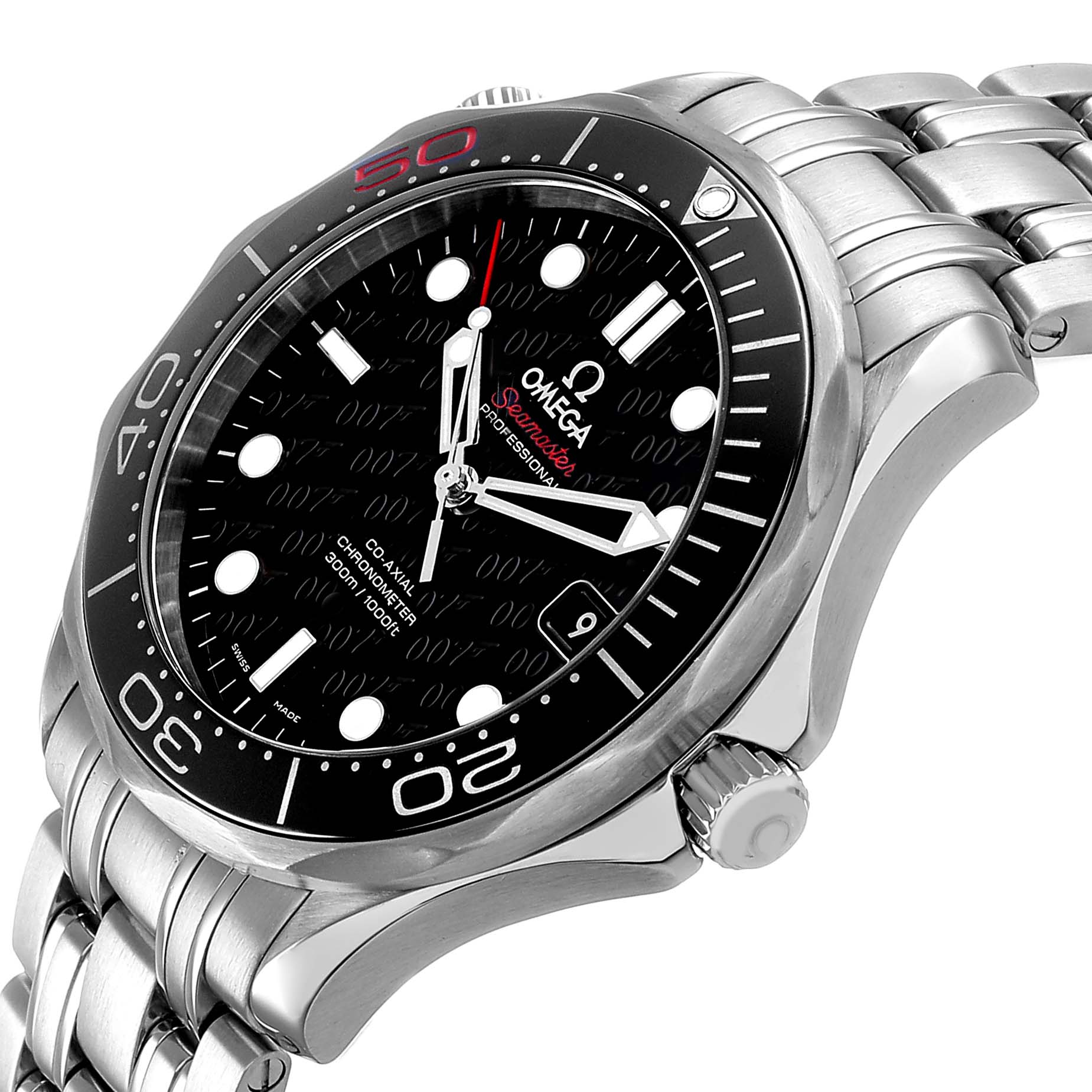 The Omega Seamaster 212.30.41.20.01.005 Men's Stainless Steel Black Dial watch is shown from a side angle highlighting the bezel, crown, and bracelet.