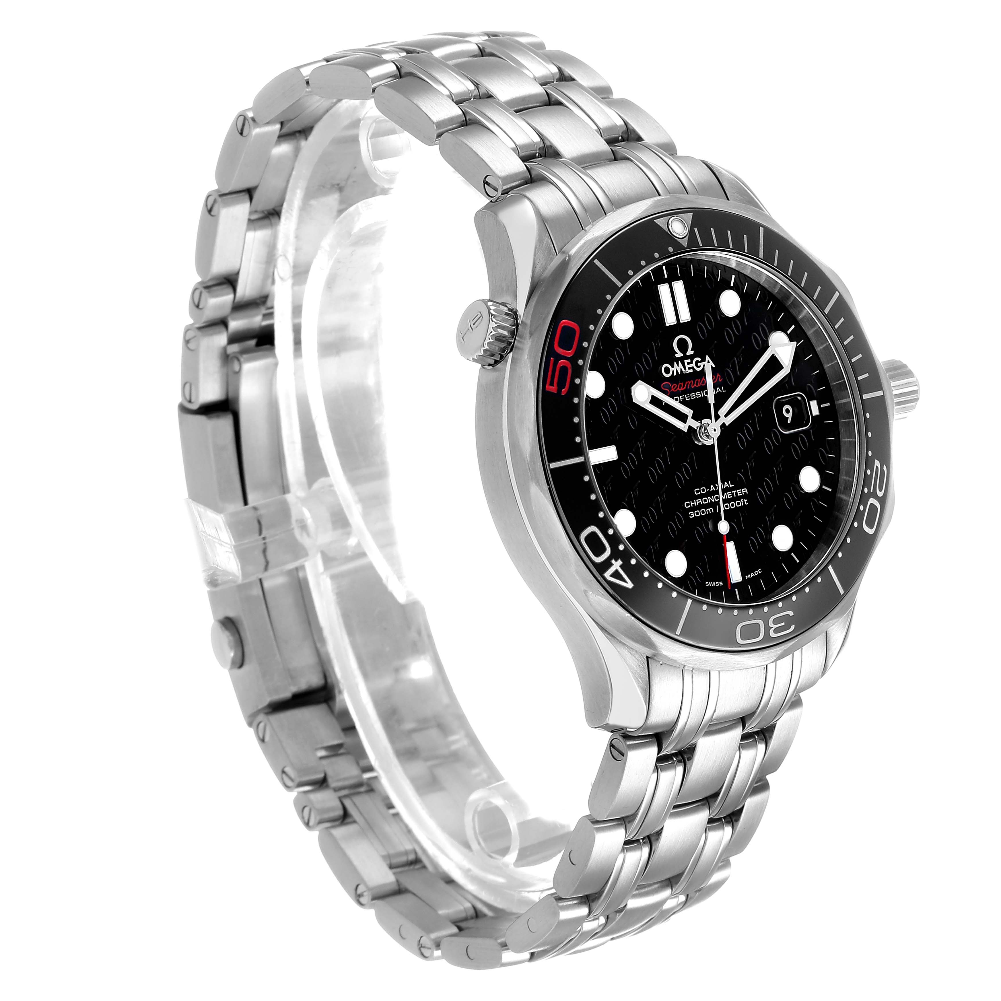 The Omega Seamaster 212.30.41.20.01.005 Men's Stainless Steel Black Dial watch is shown at a slight angle, displaying the bezel, face, and metal bracelet.