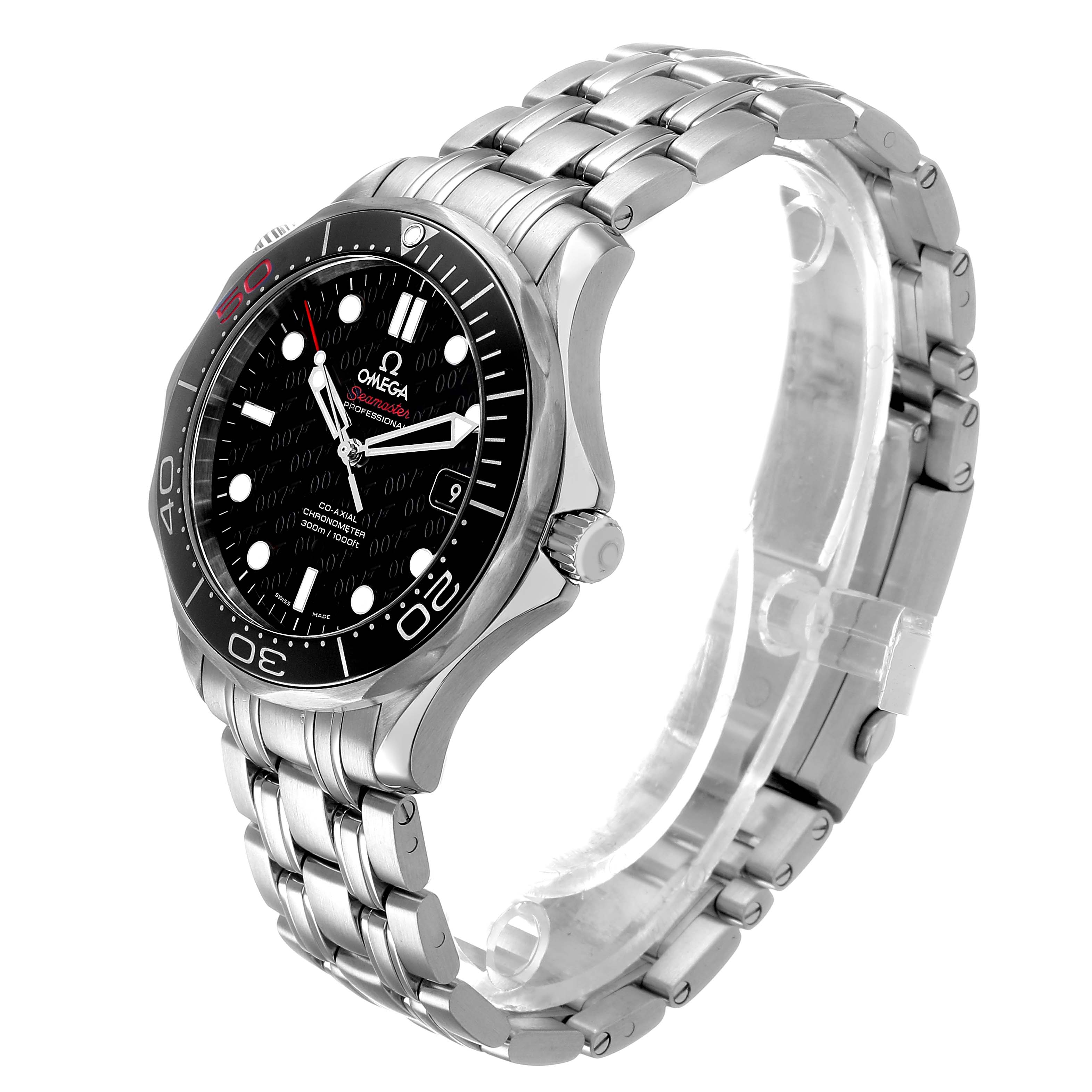 The Omega Seamaster 212.30.41.20.01.005 Men's Stainless Steel Black Dial watch is shown at a slight angle highlighting the face, bezel, and stainless steel bracelet.