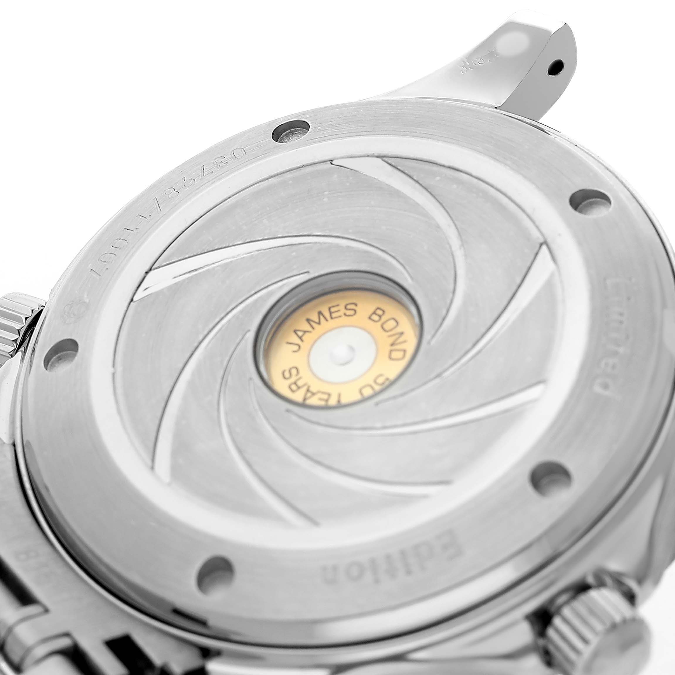 The image shows the back of the Omega Seamaster 212.30.41.20.01.005 Men's Stainless Steel Black Dial watch at a slight angle, highlighting the engraved design and markings.
