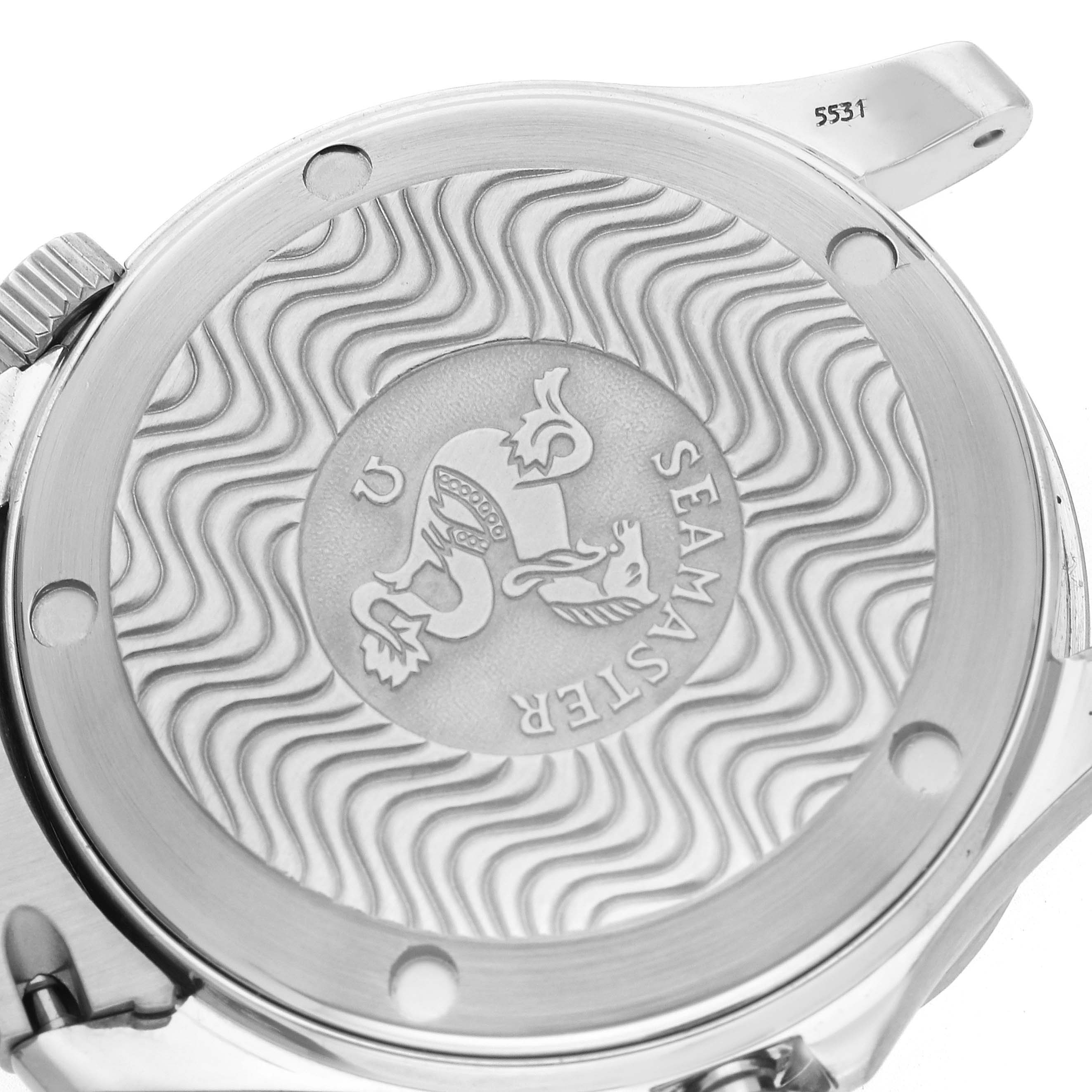 The image shows the case back of an Omega Seamaster 2561.80.00 Men
s Stainless Steel Blue Dial 2561.80.00 Men
s Stainless Steel Blue Dial, featuring the engraved logo and wave pattern.