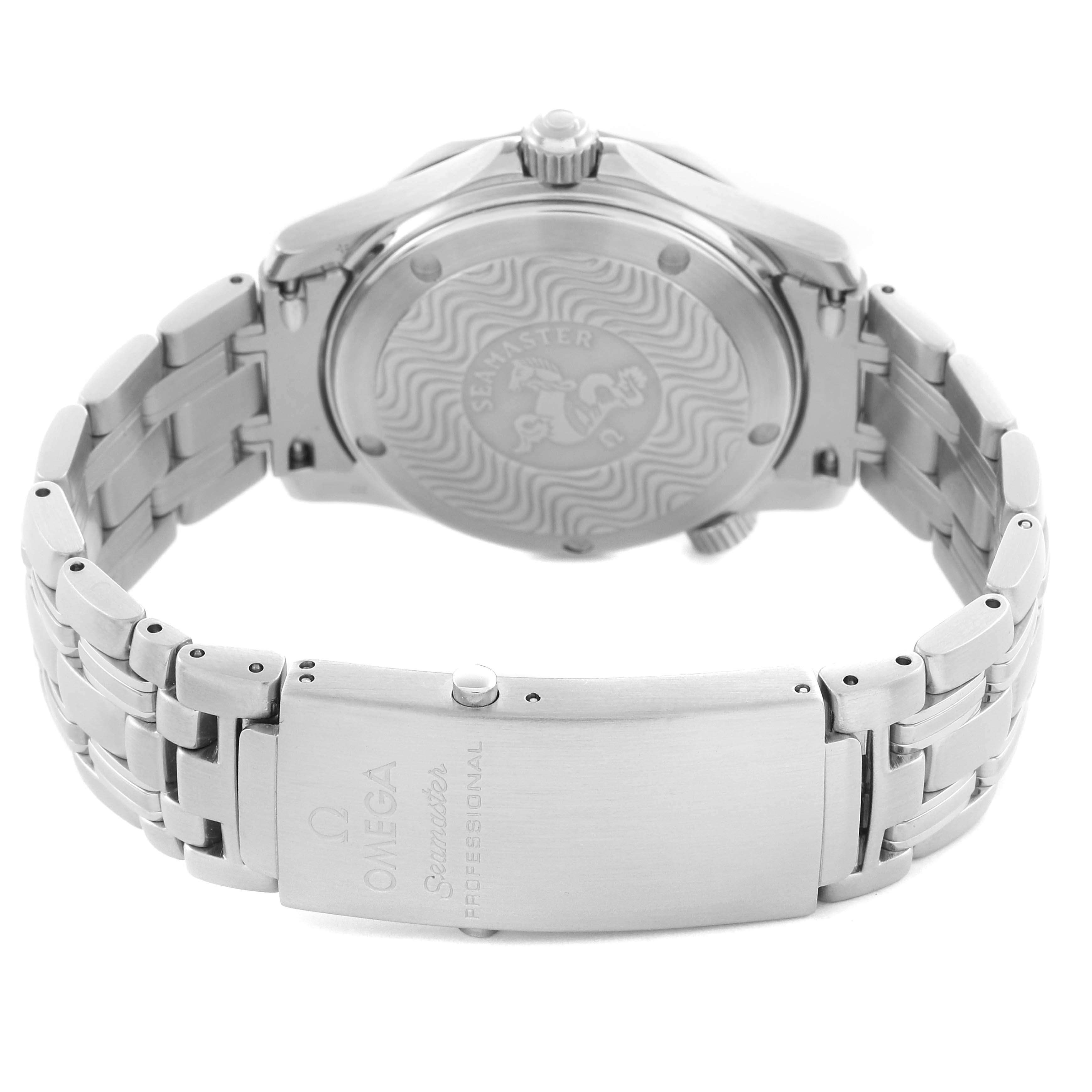 The Omega Seamaster 2561.80.00 Men
s Stainless Steel Blue Dial 2561.80.00 Men
s Stainless Steel Blue Dial watch is shown from the back, highlighting the case back, bracelet, and clasp details.