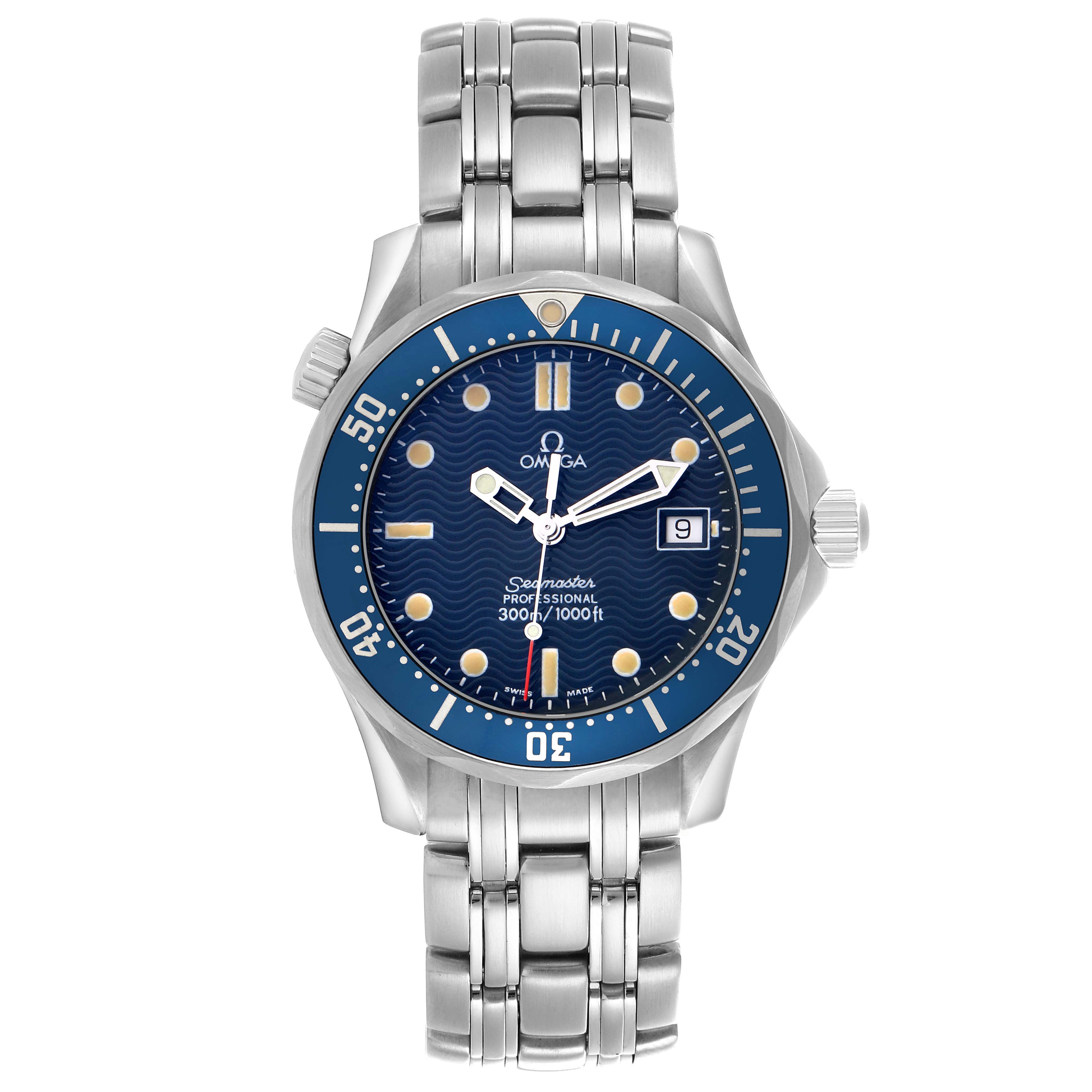 The Omega Seamaster 2561.80.00 Men
s Stainless Steel Blue Dial 2561.80.00 Men
s Stainless Steel Blue Dial watch is shown from a front angle, displaying the dial, bezel, and bracelet.