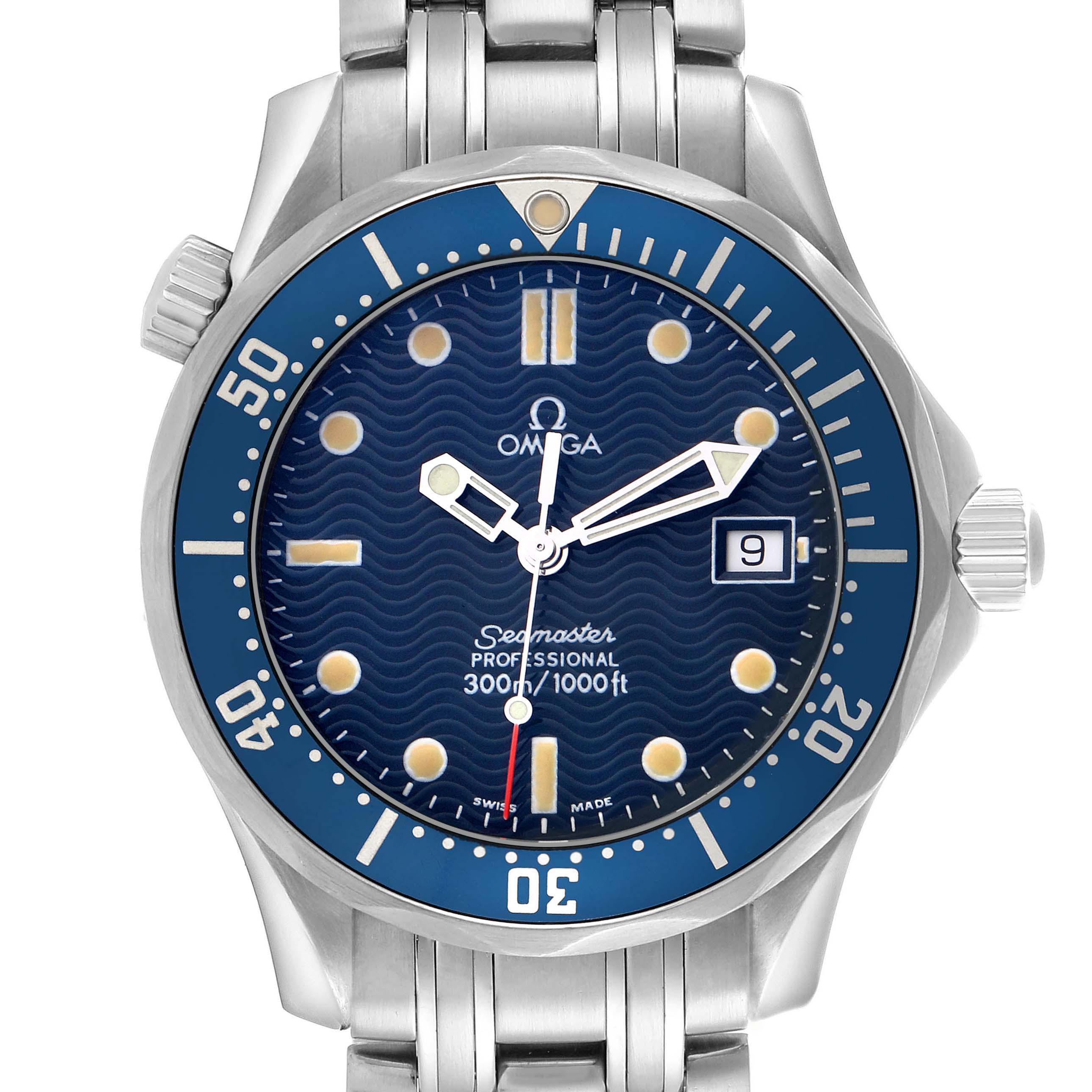 The Omega Seamaster 2561.80.00 Men
s Stainless Steel Blue Dial 2561.80.00 Men
s Stainless Steel Blue Dial watch is shown from a front angle, displaying its blue dial, bezel, and part of the metal bracelet.