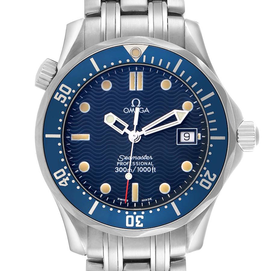 The Omega Seamaster watch is shown from a front angle, displaying its blue dial, bezel, and part of the metal bracelet.