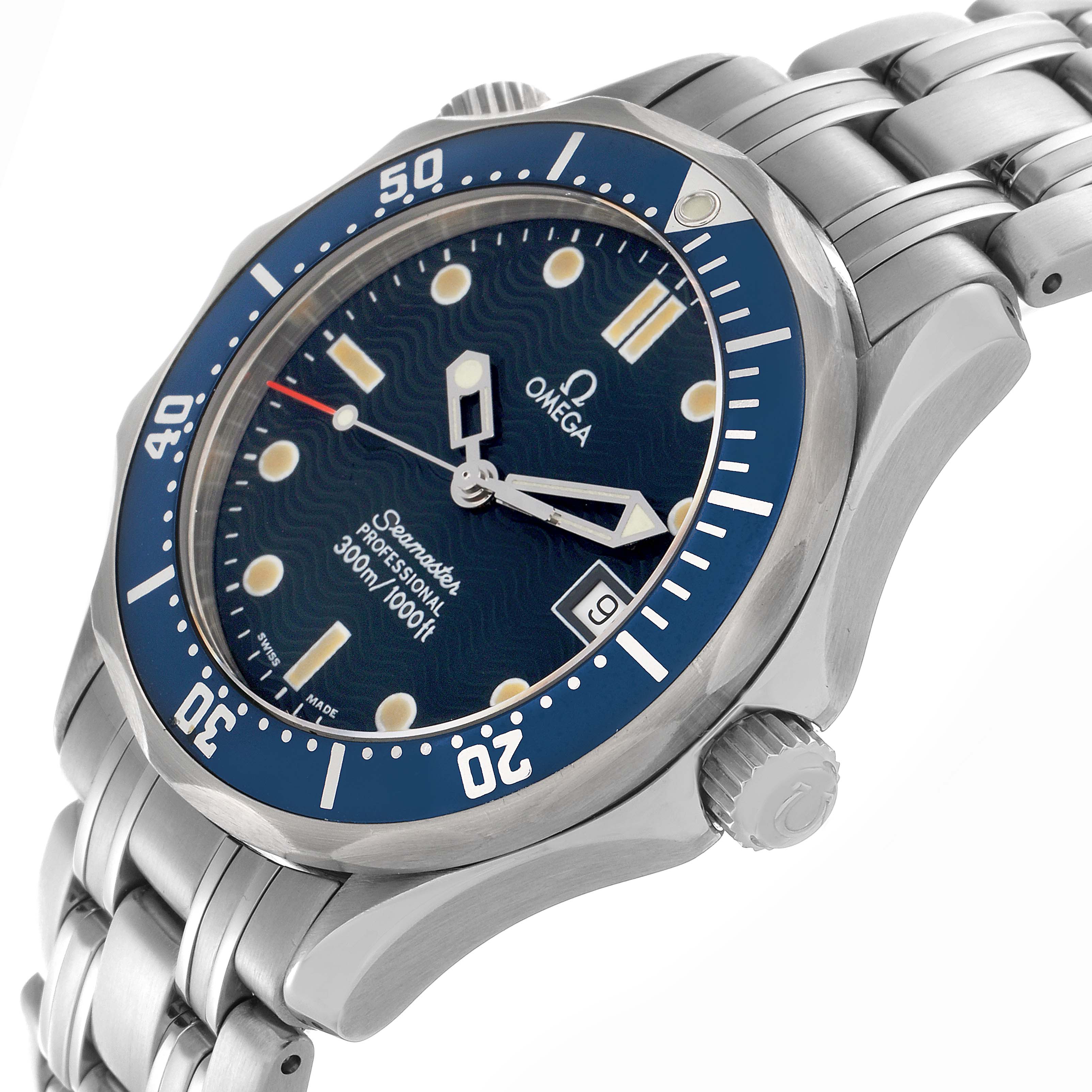The Omega Seamaster 2561.80.00 Men
s Stainless Steel Blue Dial 2561.80.00 Men
s Stainless Steel Blue Dial watch is shown at a three-quarter angle, highlighting the face, bezel, crown, and bracelet.