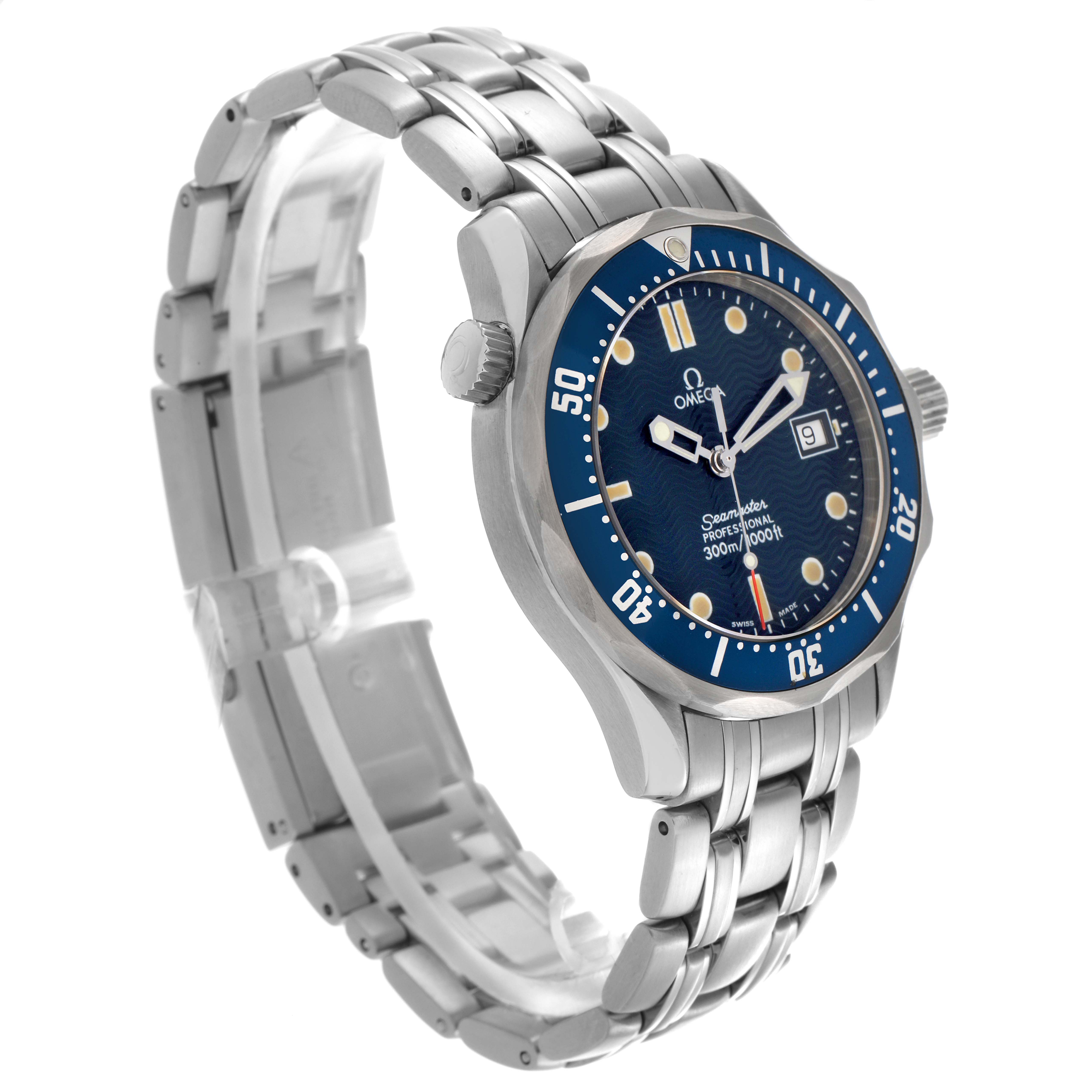 The Omega Seamaster 2561.80.00 Men
s Stainless Steel Blue Dial 2561.80.00 Men
s Stainless Steel Blue Dial is shown at a three-quarter angle, displaying the bezel, dial, crown, and metal bracelet.
