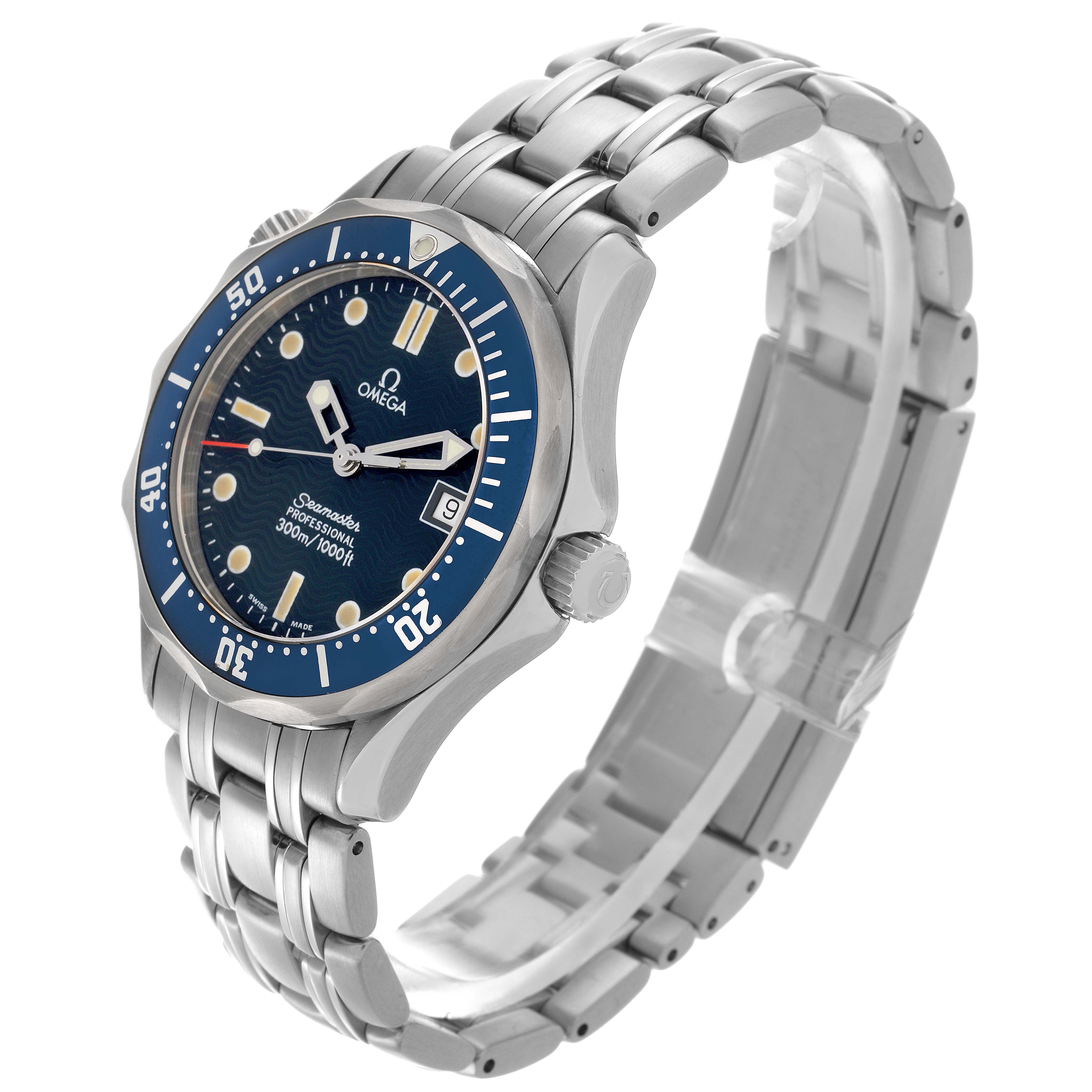 The Omega Seamaster 2561.80.00 Men
s Stainless Steel Blue Dial 2561.80.00 Men
s Stainless Steel Blue Dial watch is shown at a slight angle, highlighting the dial, bezel, stainless steel case, and bracelet.