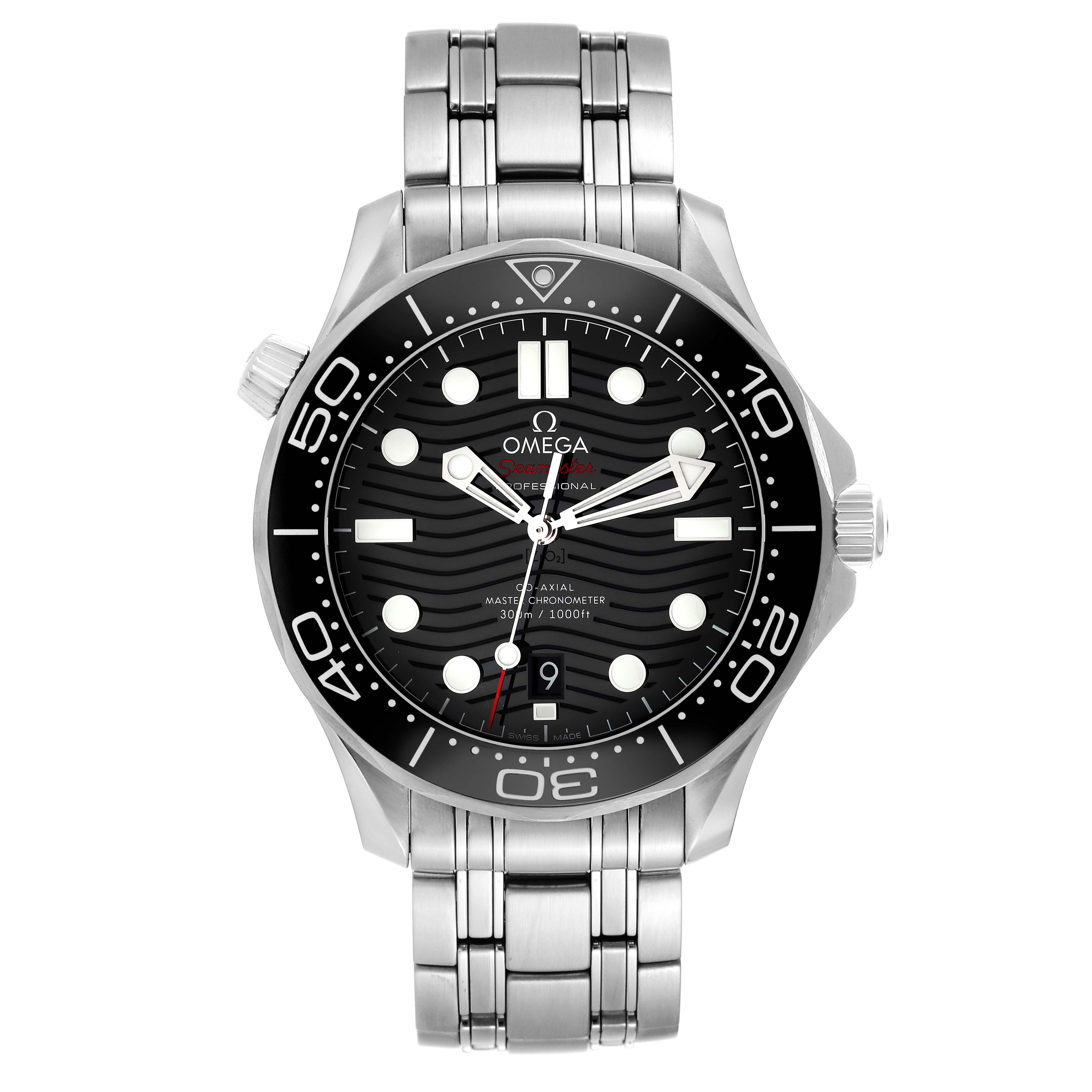 This image shows a front view of an Omega Seamaster 210.30.42.20.01.001 Men
s Stainless Steel Black Dial 210.30.42.20.01.001 Men
s Stainless Steel Black Dial watch, highlighting its black dial, bezel, and stainless steel bracelet.