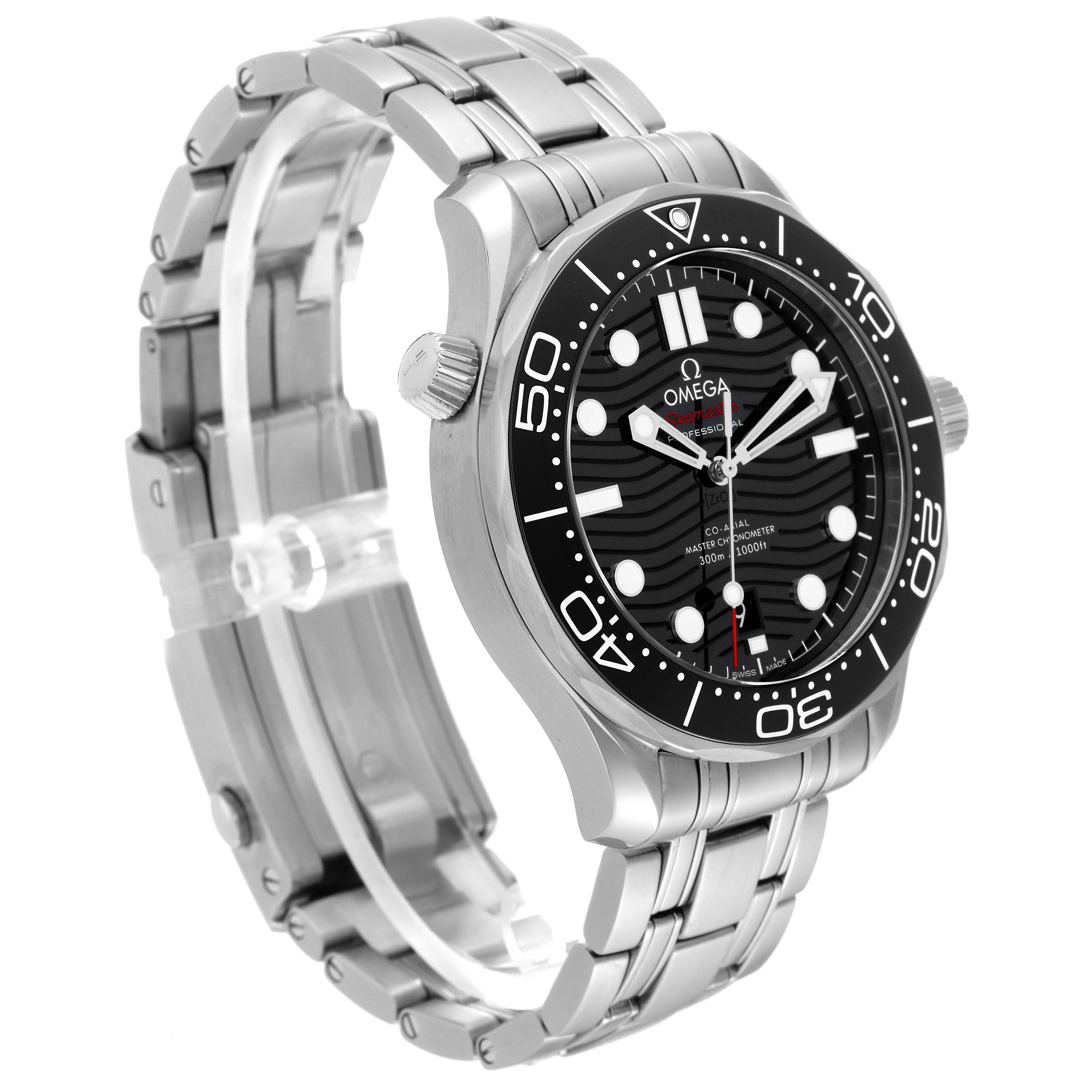 The image shows an angled view of an Omega Seamaster 210.30.42.20.01.001 Men
s Stainless Steel Black Dial 210.30.42.20.01.001 Men
s Stainless Steel Black Dial watch, highlighting its black dial, bezel, and stainless steel bracelet.