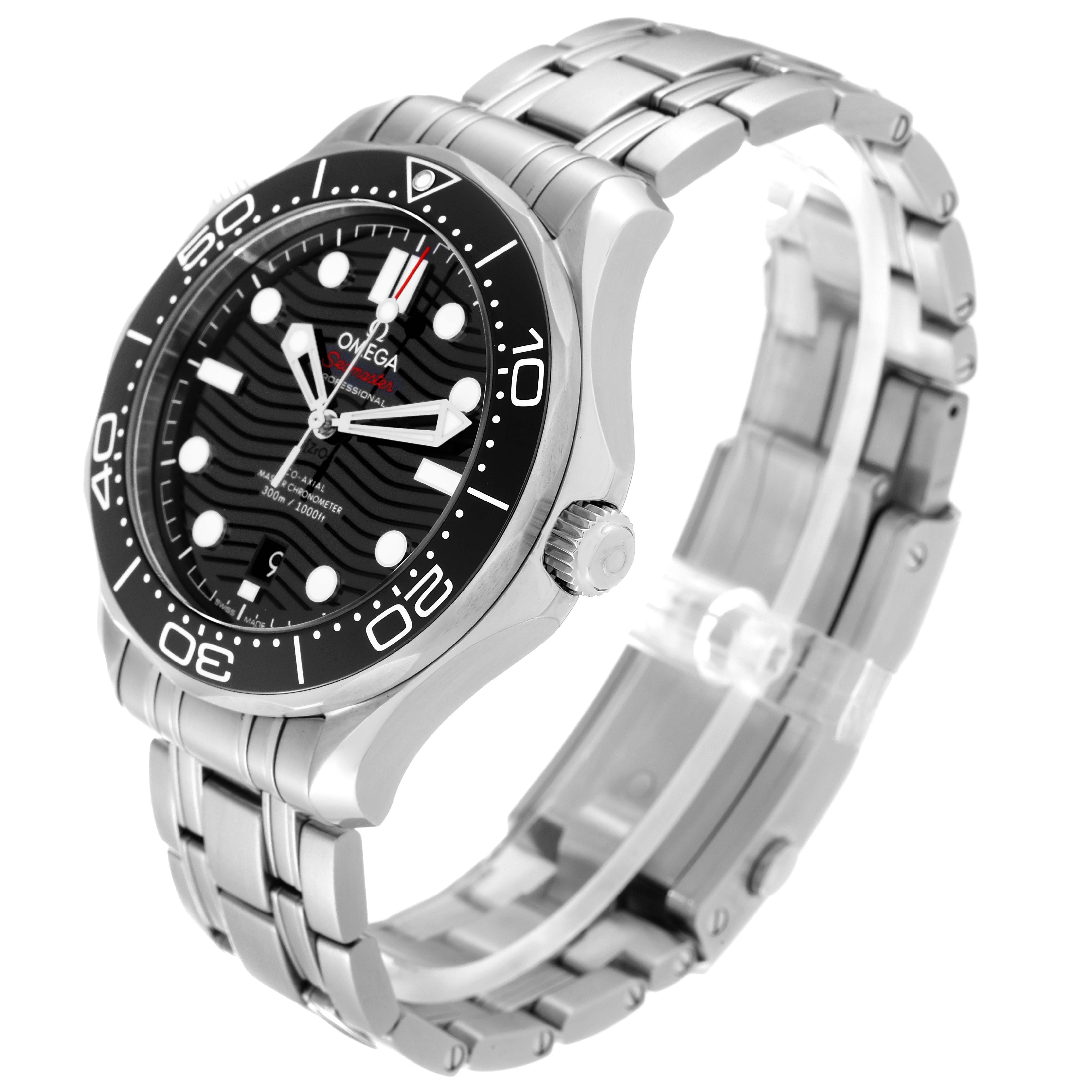 The image shows an angled view of an Omega Seamaster 210.30.42.20.01.001 Men
s Stainless Steel Black Dial 210.30.42.20.01.001 Men
s Stainless Steel Black Dial watch, showcasing its face, bezel, crown, and metal bracelet.