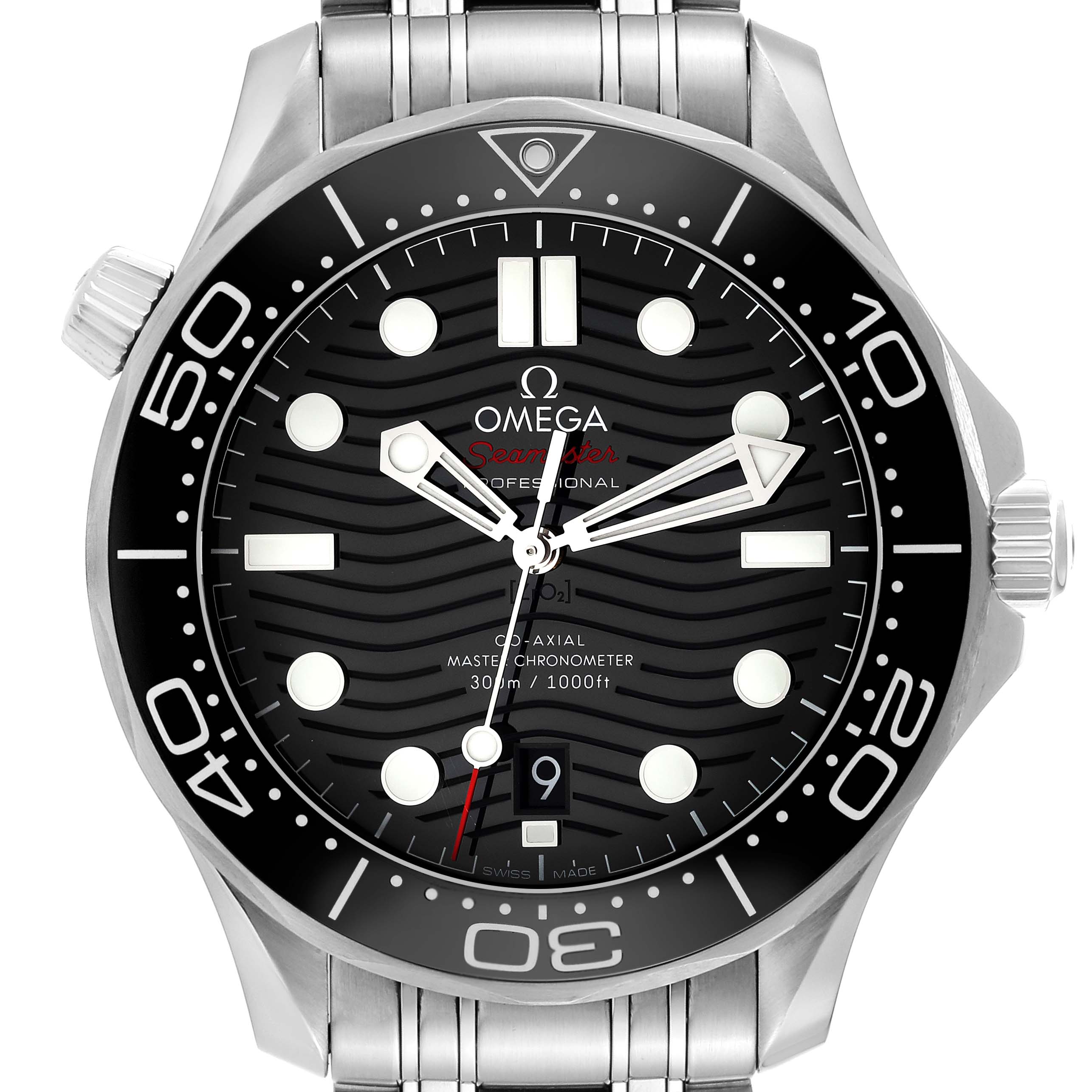 This is a front view of the Omega Seamaster 210.30.42.20.01.001 Men
s Stainless Steel Black Dial 210.30.42.20.01.001 Men
s Stainless Steel Black Dial watch, showing the bezel, dial, crown, and part of the bracelet.