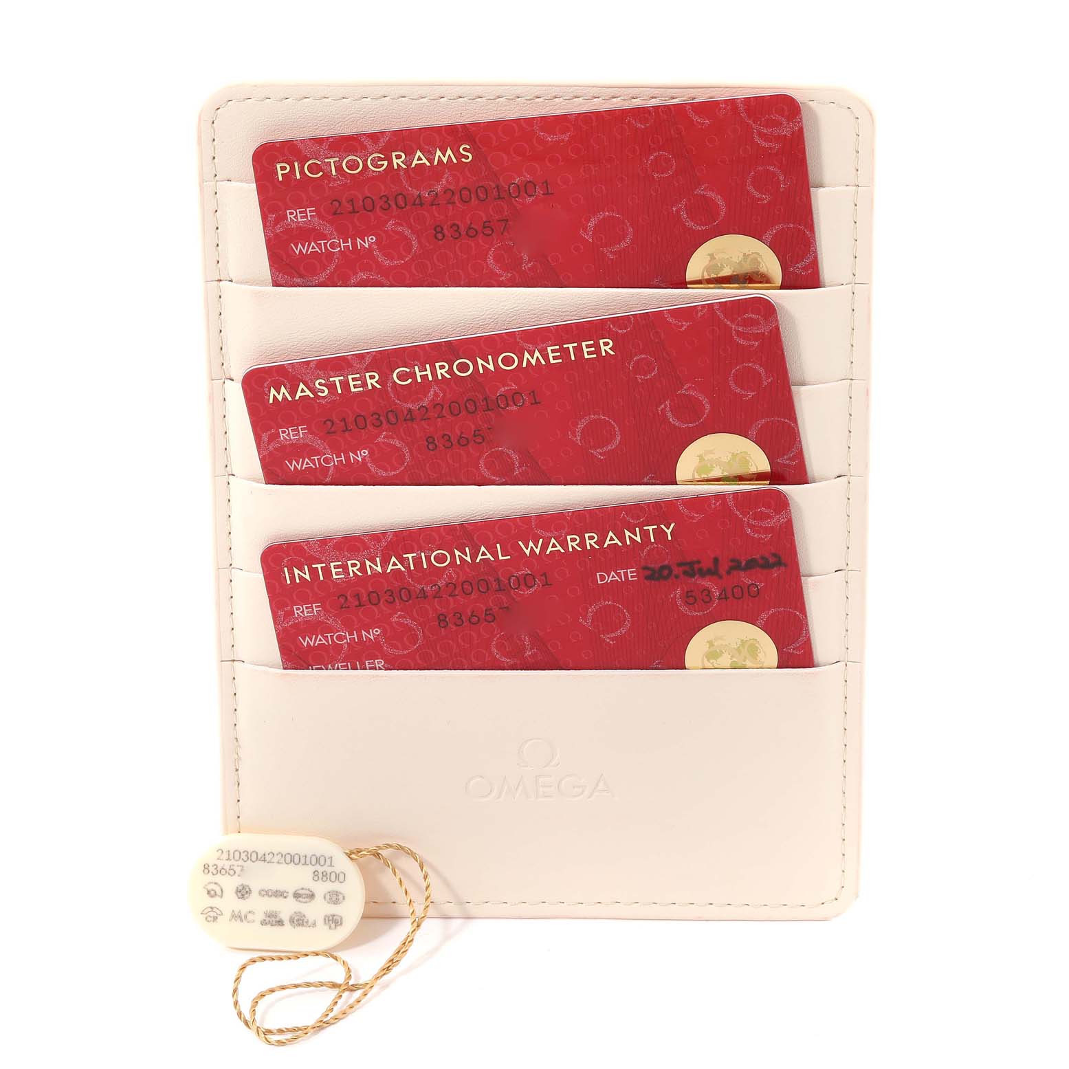 The image shows the warranty cards and certifications for an Omega Seamaster 210.30.42.20.01.001 Men
s Stainless Steel Black Dial 210.30.42.20.01.001 Men
s Stainless Steel Black Dial, displayed in a white cardholder.