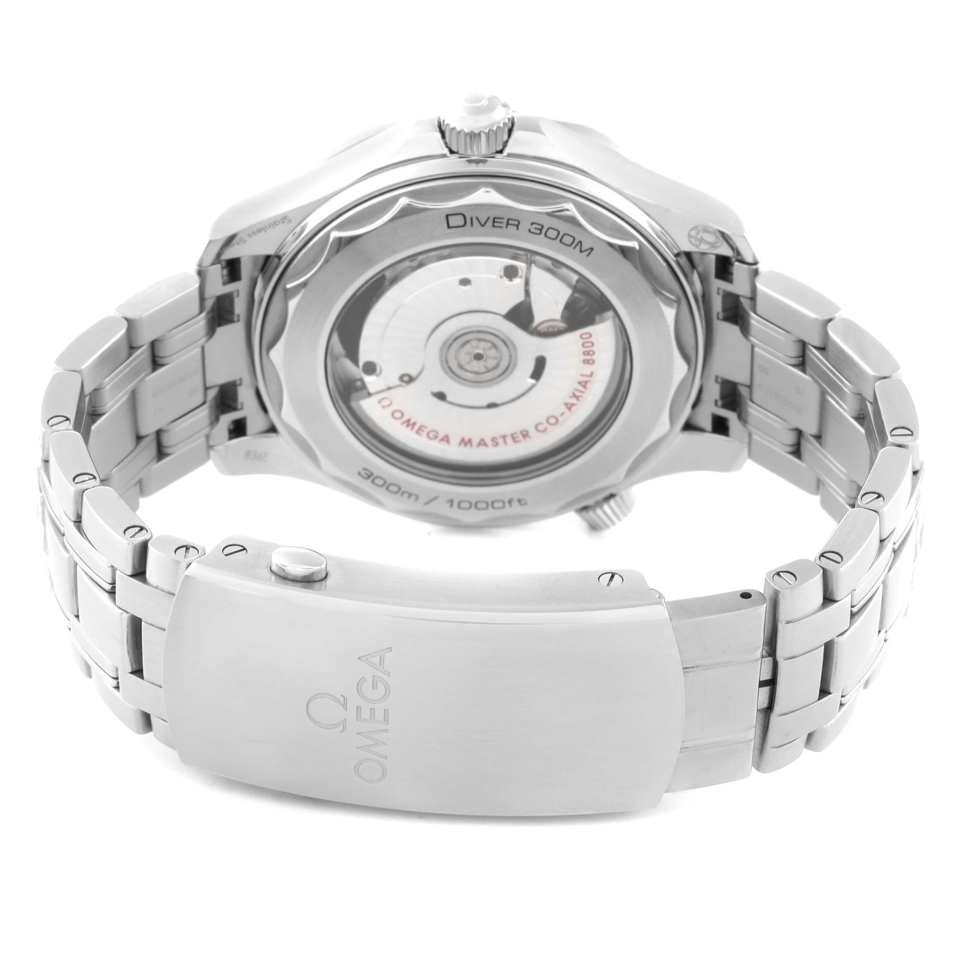 The image shows the back view of an Omega Seamaster 210.30.42.20.01.001 Men
s Stainless Steel Black Dial 210.30.42.20.01.001 Men
s Stainless Steel Black Dial watch, highlighting its open case back and metal bracelet.