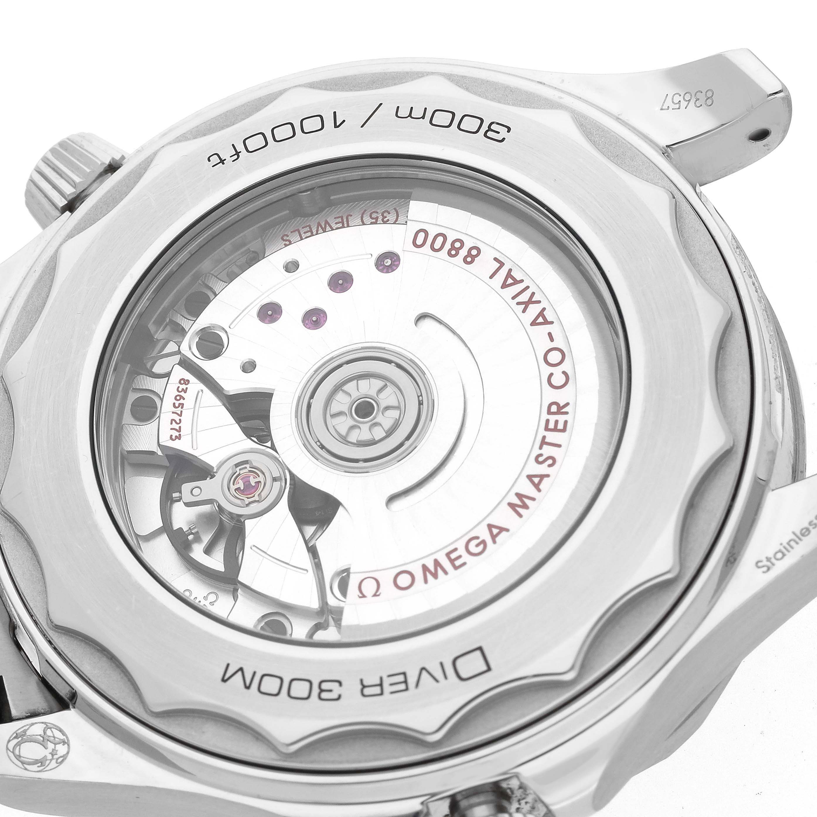 This image shows the back of an Omega Seamaster 210.30.42.20.01.001 Men
s Stainless Steel Black Dial 210.30.42.20.01.001 Men
s Stainless Steel Black Dial watch, featuring its exposed Co-Axial Master Chronometer movement.