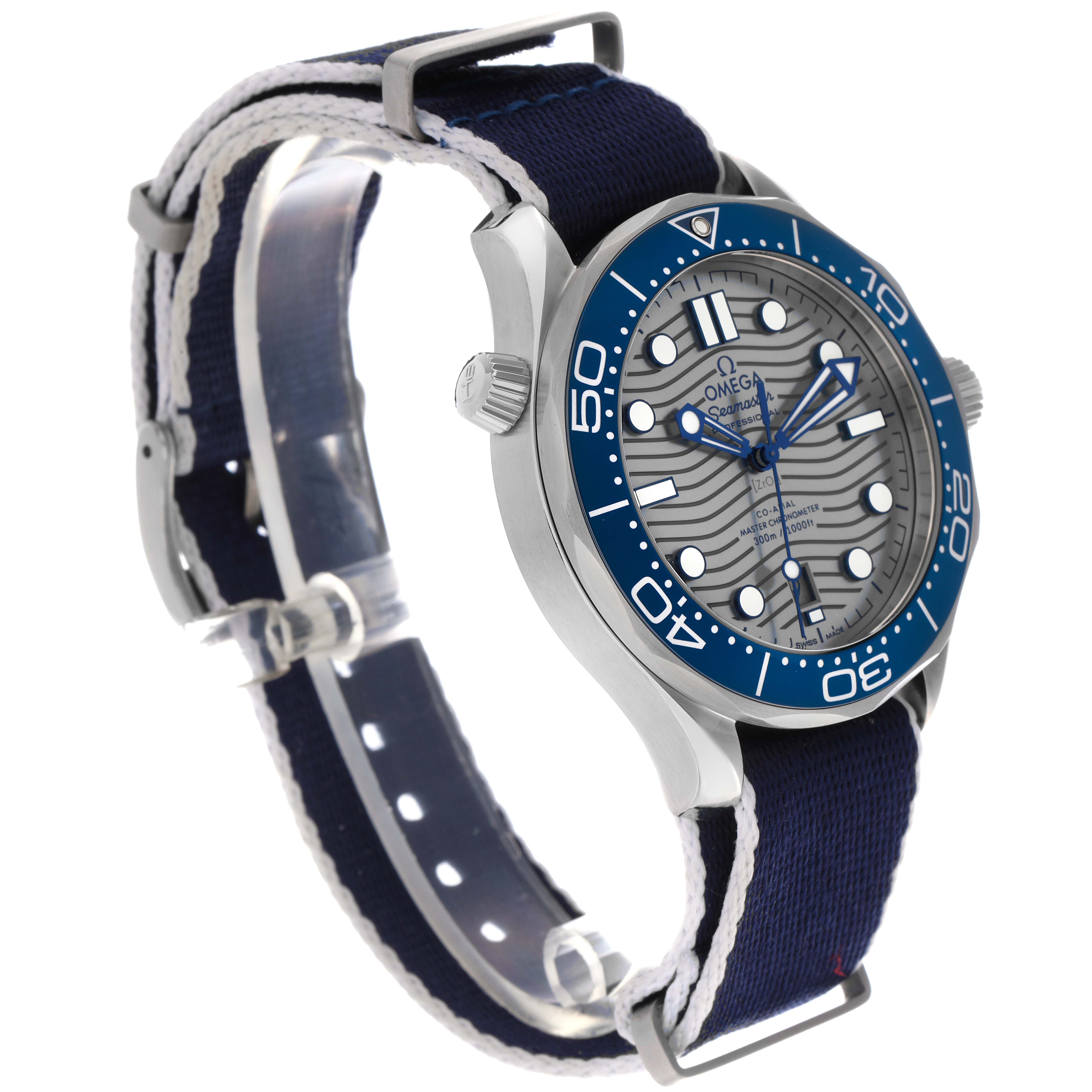 The Omega Seamaster 210.30.42.20.06.001 Men
s Stainless Steel Grey Dial 210.30.42.20.06.001 Men
s Stainless Steel Grey Dial watch is shown at a three-quarter angle, highlighting the bezel, face, and NATO strap.