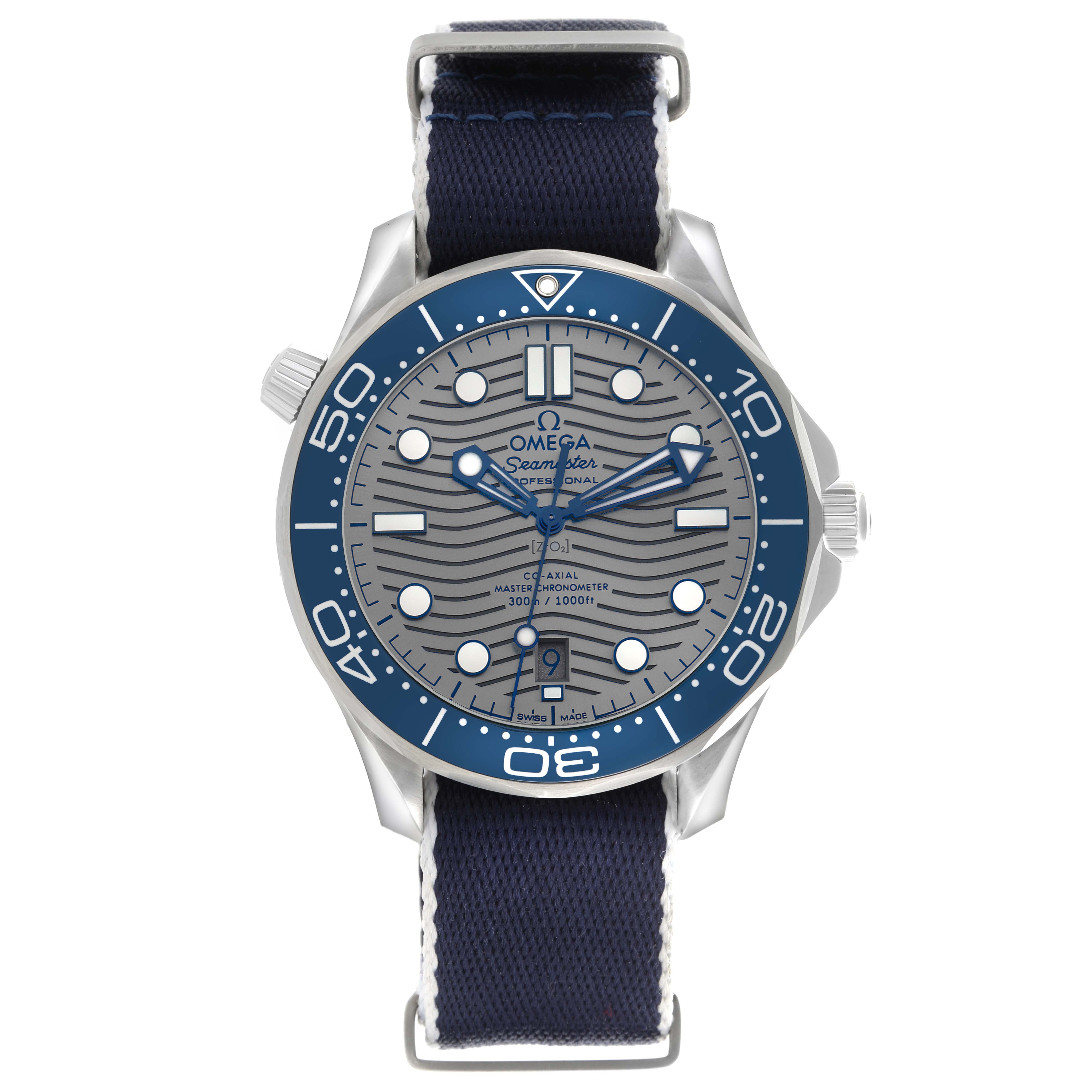 The Omega Seamaster 210.30.42.20.06.001 Men
s Stainless Steel Grey Dial 210.30.42.20.06.001 Men
s Stainless Steel Grey Dial watch is shown from a front angle, highlighting the bezel, dial, and strap.