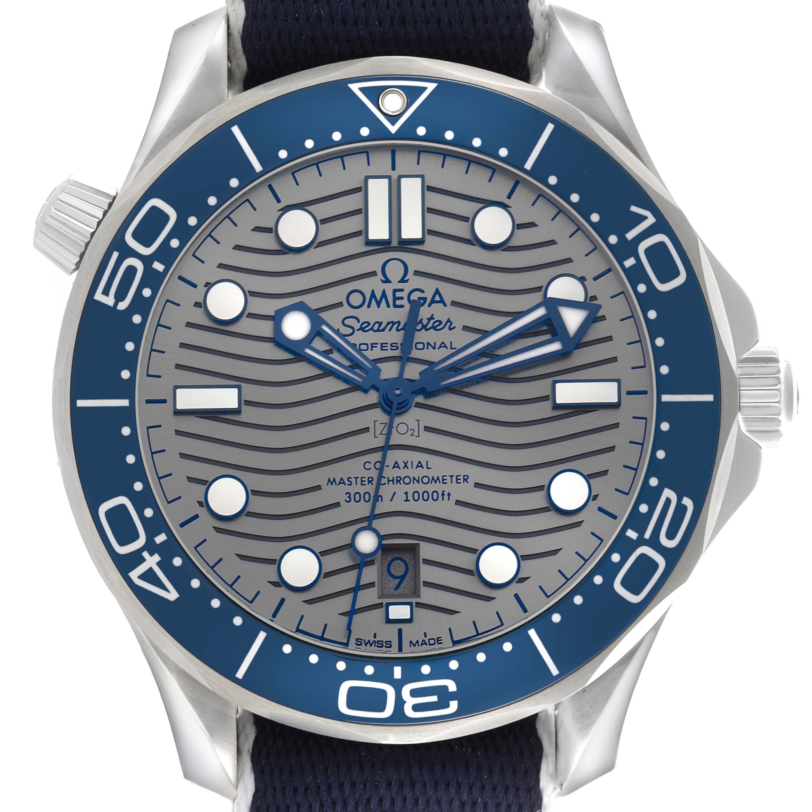 The Omega Seamaster 210.30.42.20.06.001 Men
s Stainless Steel Grey Dial 210.30.42.20.06.001 Men
s Stainless Steel Grey Dial watch is shown from the front, highlighting the dial, bezel, and crown.