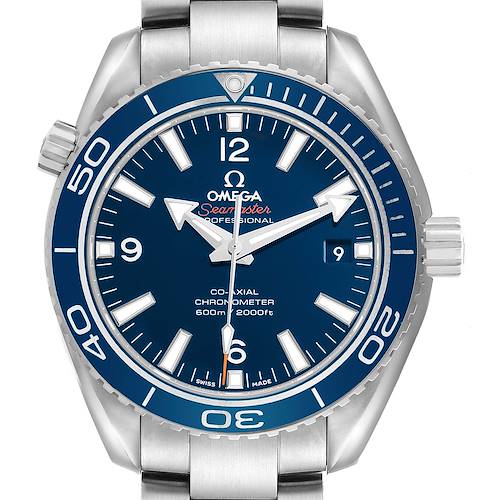 The Omega Seamaster 232.90.42.21.03.001 Men's Titanium Blue Dial watch is shown from the front, highlighting its blue dial, bezel, stainless steel bracelet, and crown.
