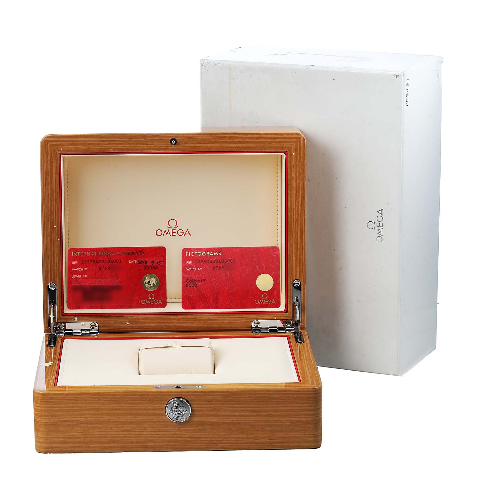 The image shows an open Omega Seamaster 232.90.42.21.03.001 Men's Titanium Blue Dial watch box with warranty and pictogram cards inside.