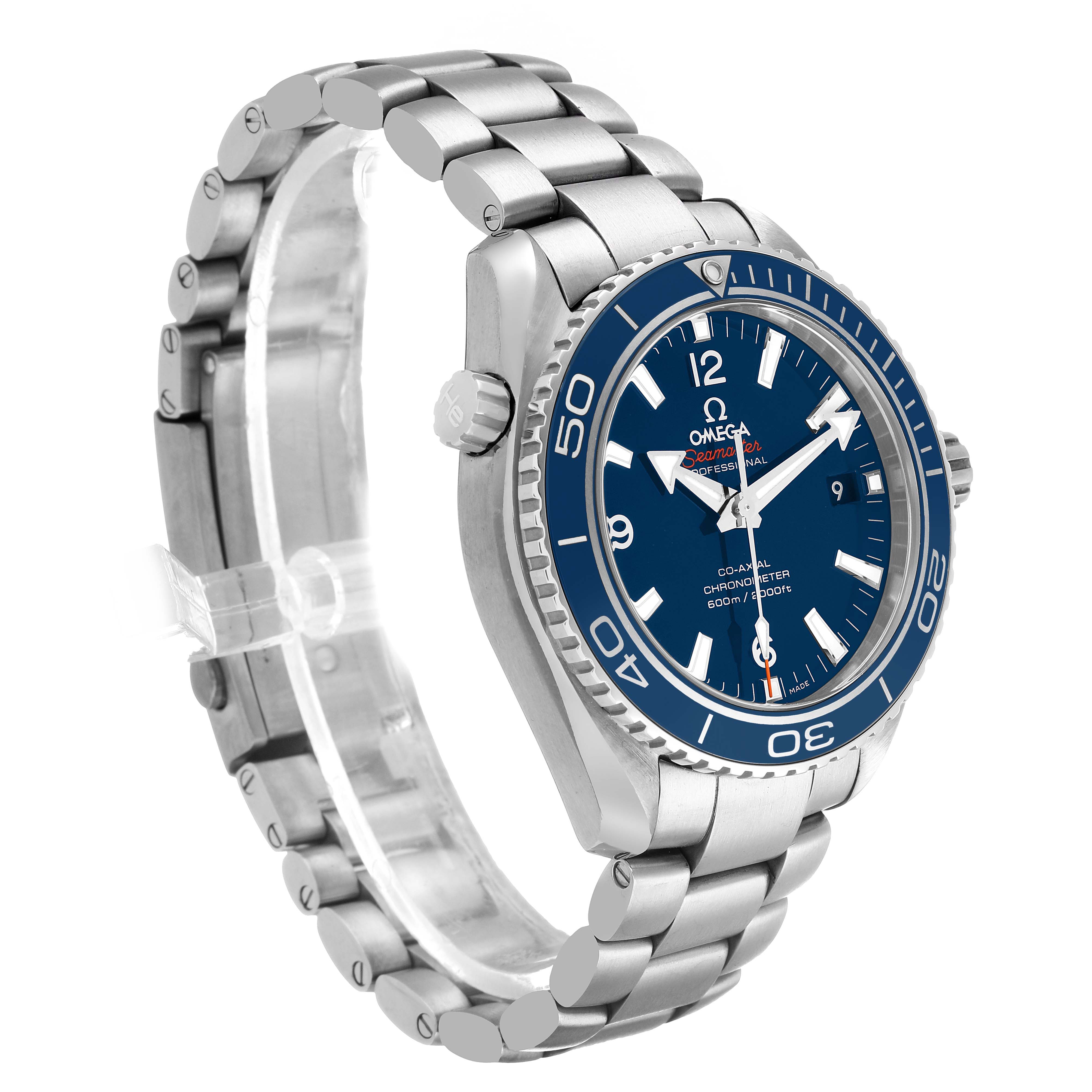 The Omega Seamaster 232.90.42.21.03.001 Men's Titanium Blue Dial watch is shown at a three-quarter angle, highlighting the bracelet, bezel, and blue dial.