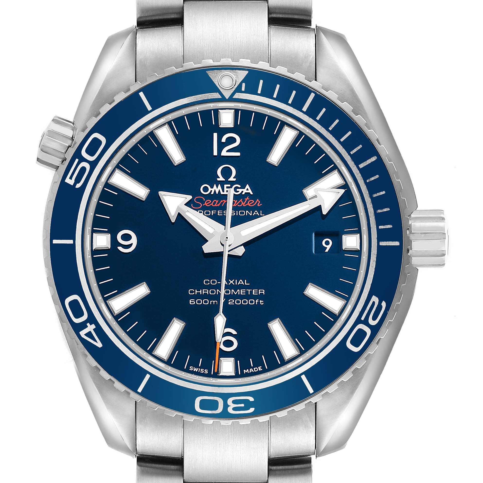 The image shows a front view of an Omega Seamaster 232.90.42.21.03.001 Men's Titanium Blue Dial watch, highlighting the bezel, dial, and bracelet.
