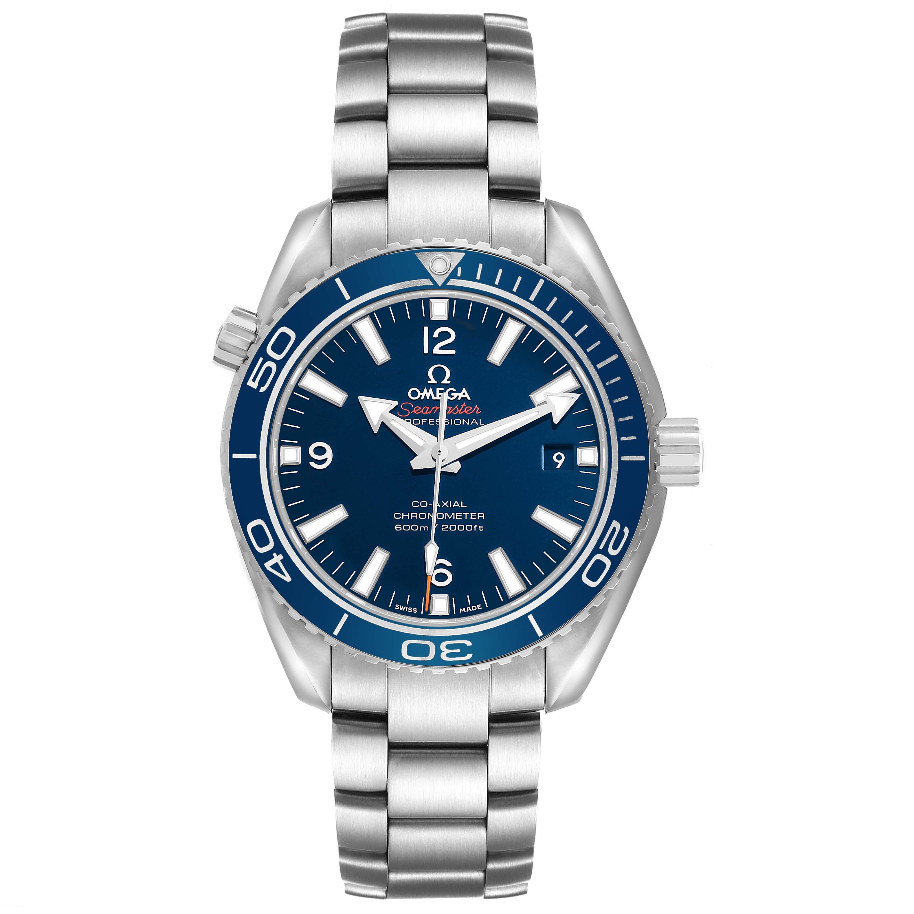 The Omega Seamaster 232.90.42.21.03.001 Men's Titanium Blue Dial watch is shown from a front angle, displaying the dial, bezel, crown, and metal bracelet.
