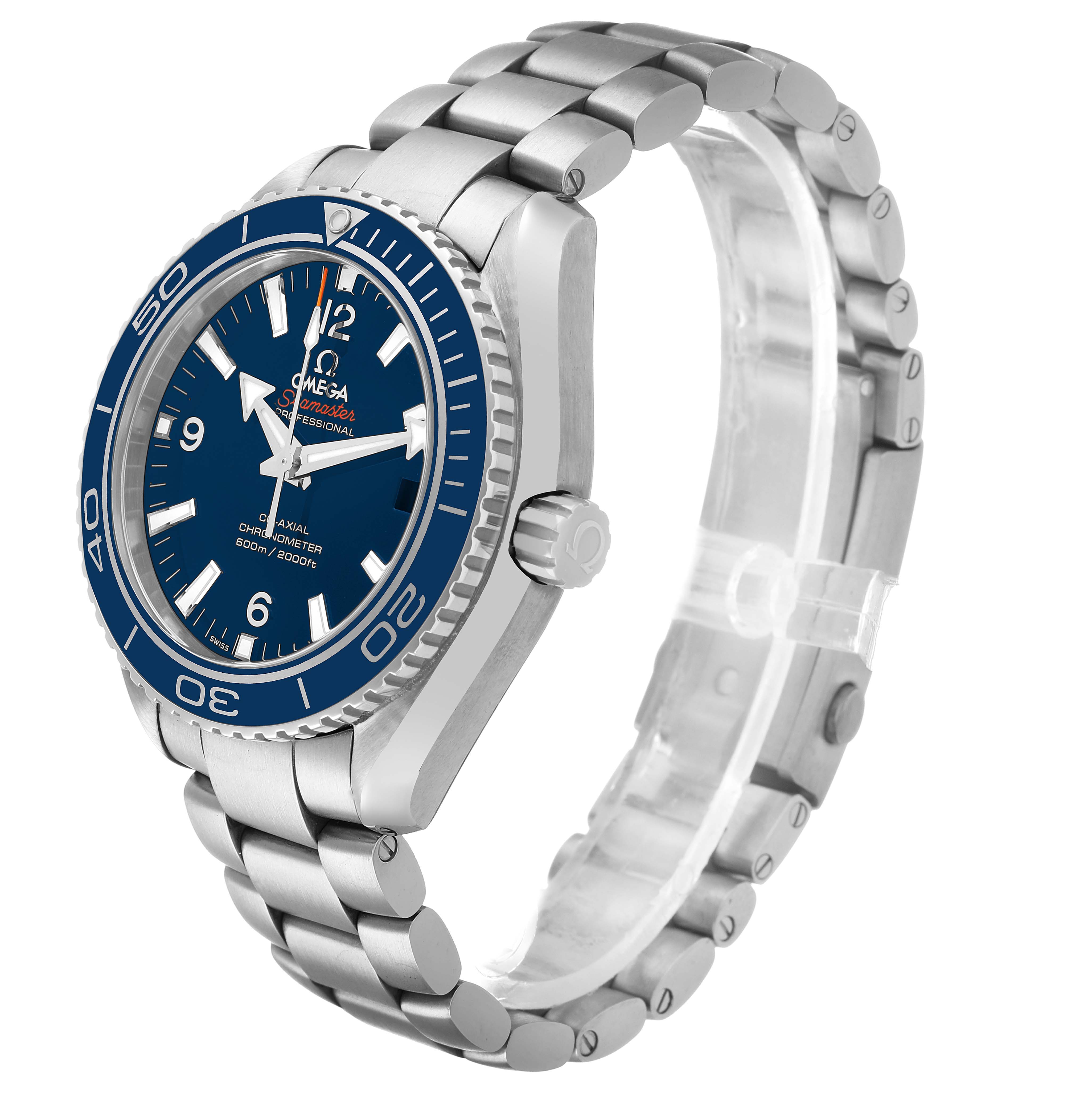 The Omega Seamaster 232.90.42.21.03.001 Men's Titanium Blue Dial watch is shown at a side angle, displaying its face, bezel, crown, and metal bracelet.