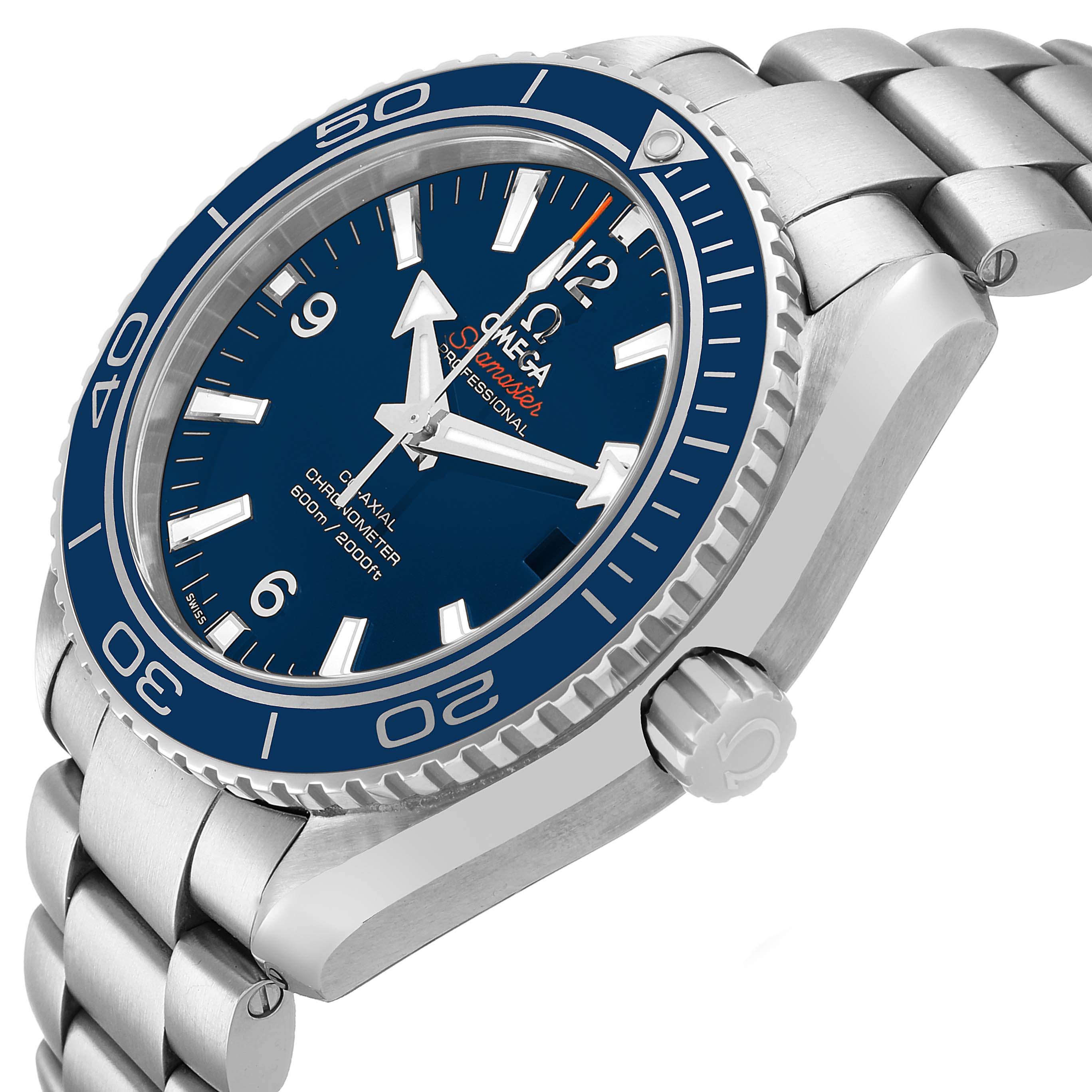 The Omega Seamaster 232.90.42.21.03.001 Men's Titanium Blue Dial is shown from an angled side view, highlighting the blue dial, bezel, crown, and metal bracelet.