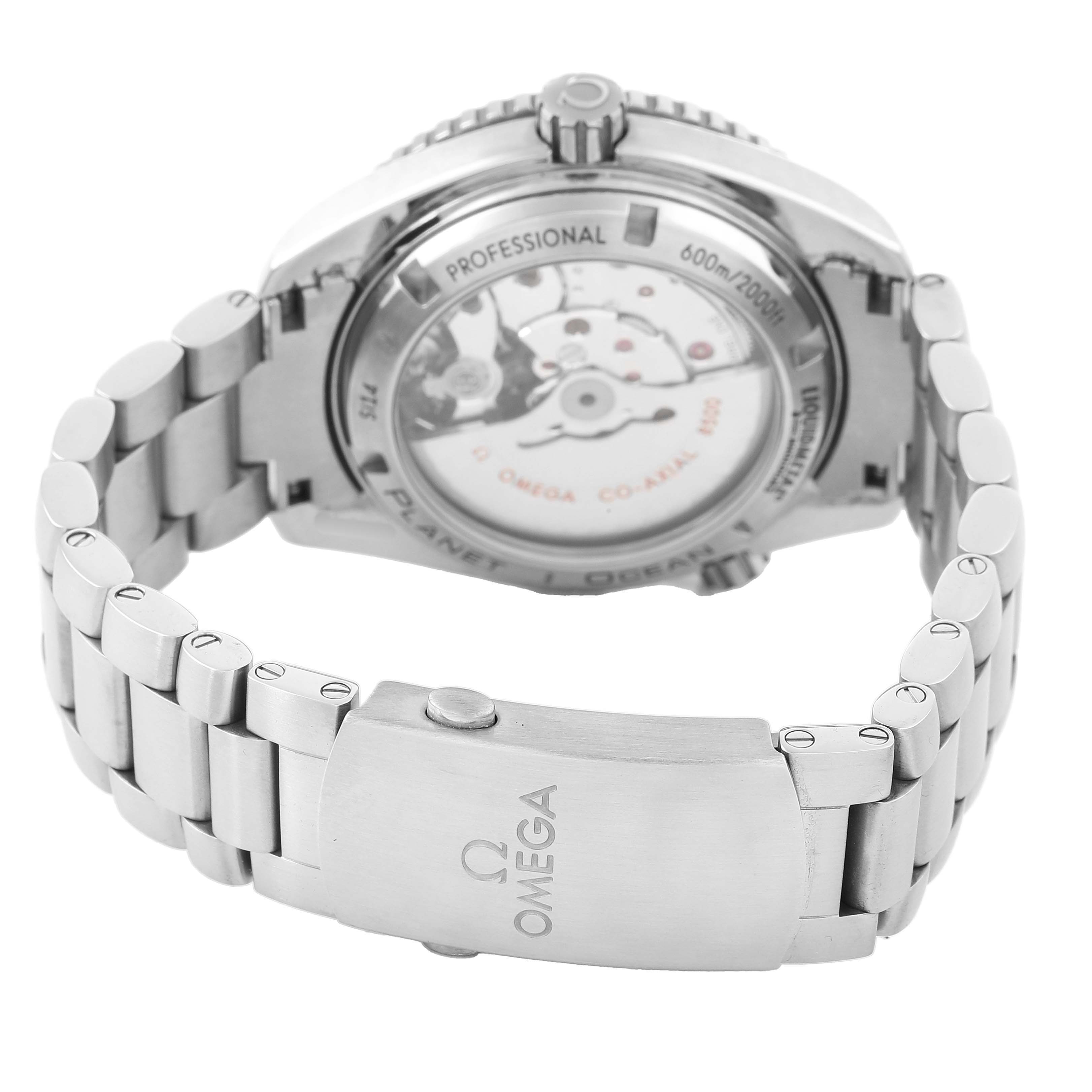 The Omega Seamaster 232.90.42.21.03.001 Men's Titanium Blue Dial watch is shown from the back, highlighting the movement and stainless steel bracelet.