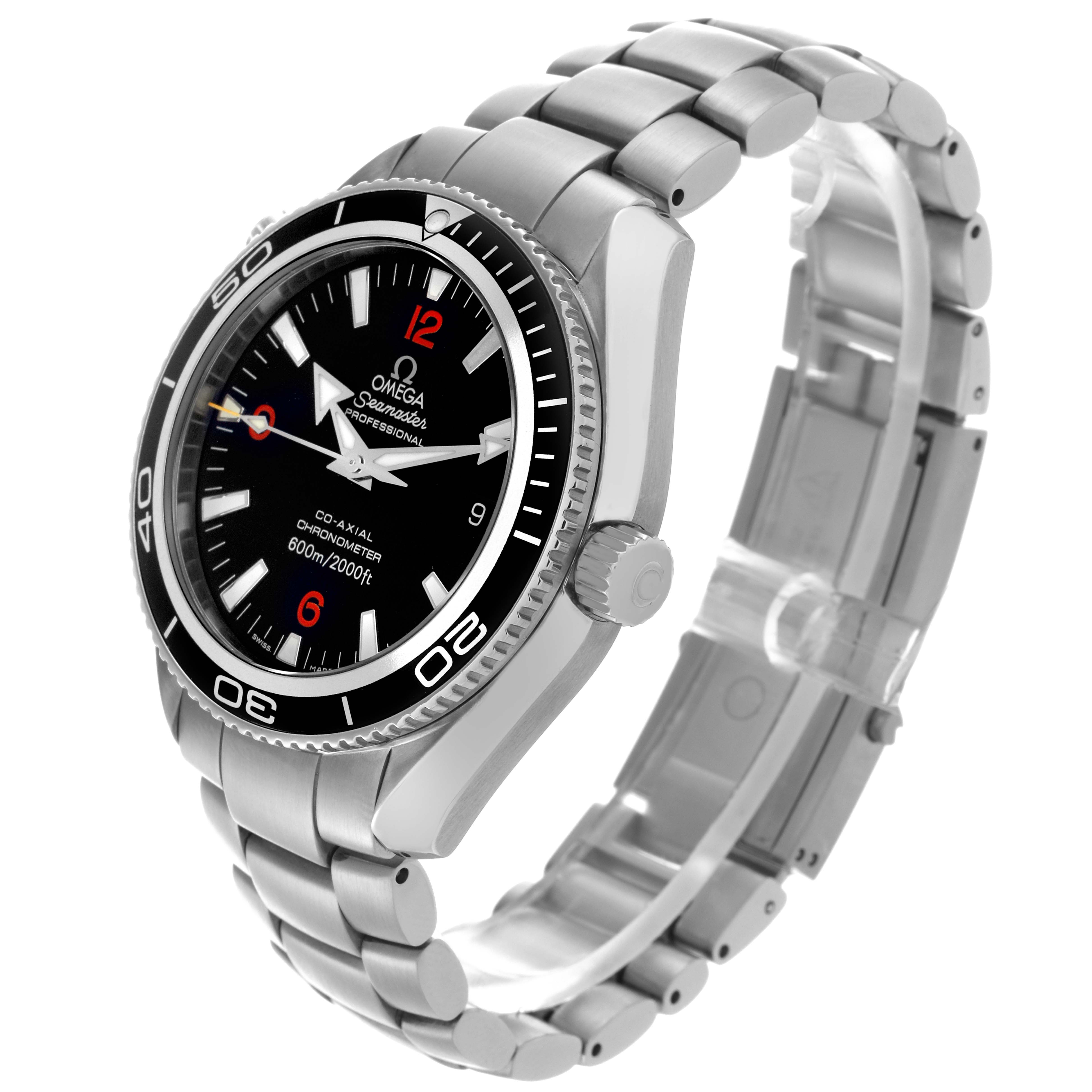 The Omega Planet Ocean 2201.51.00 Men
s Stainless Steel Black Dial 2201.51.00 Men
s Stainless Steel Black Dial watch is shown at a three-quarter angle, highlighting the face, bezel, bracelet, and crown.